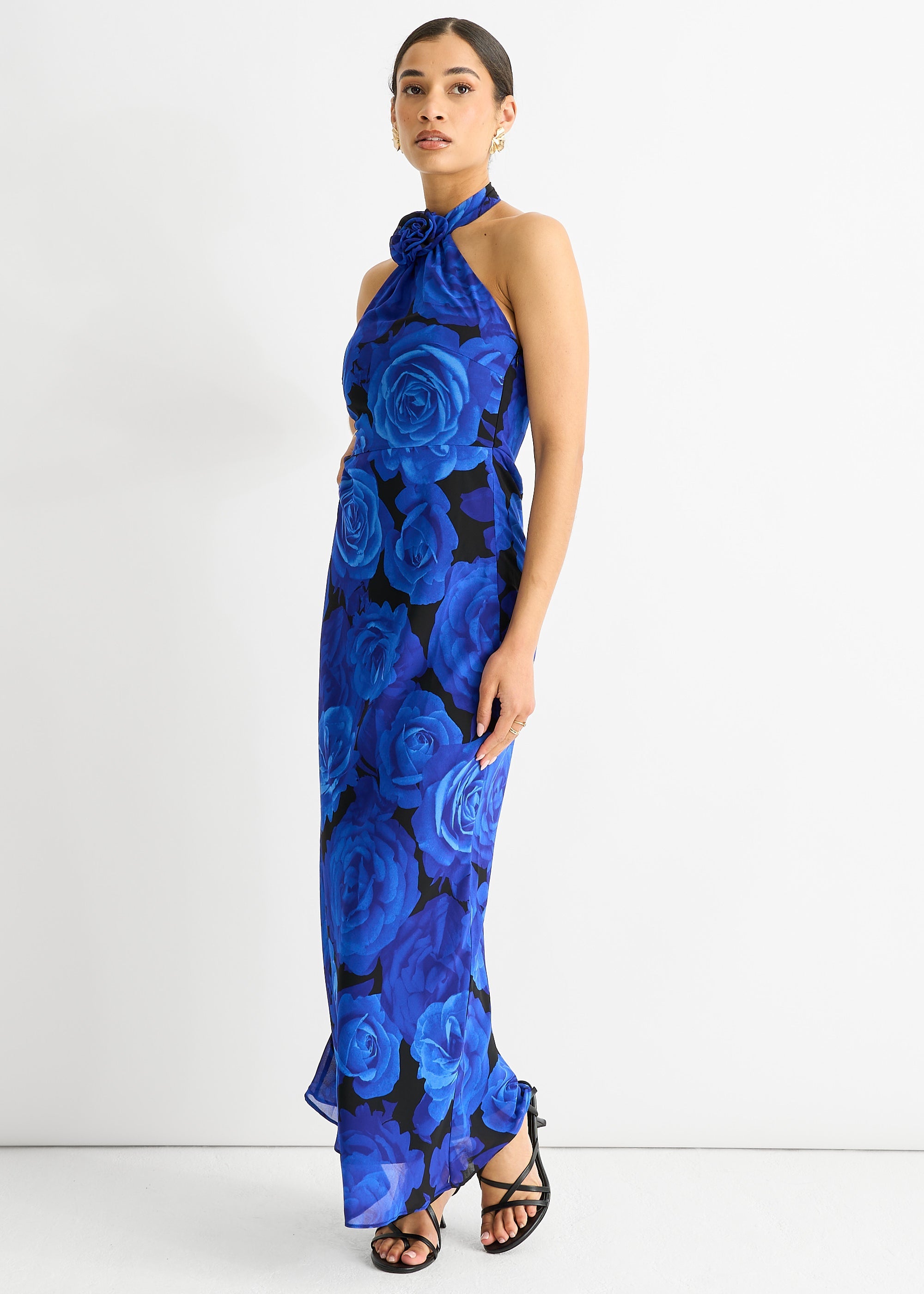 Gini London Blue Floral Occasion Halter Maxi Dress