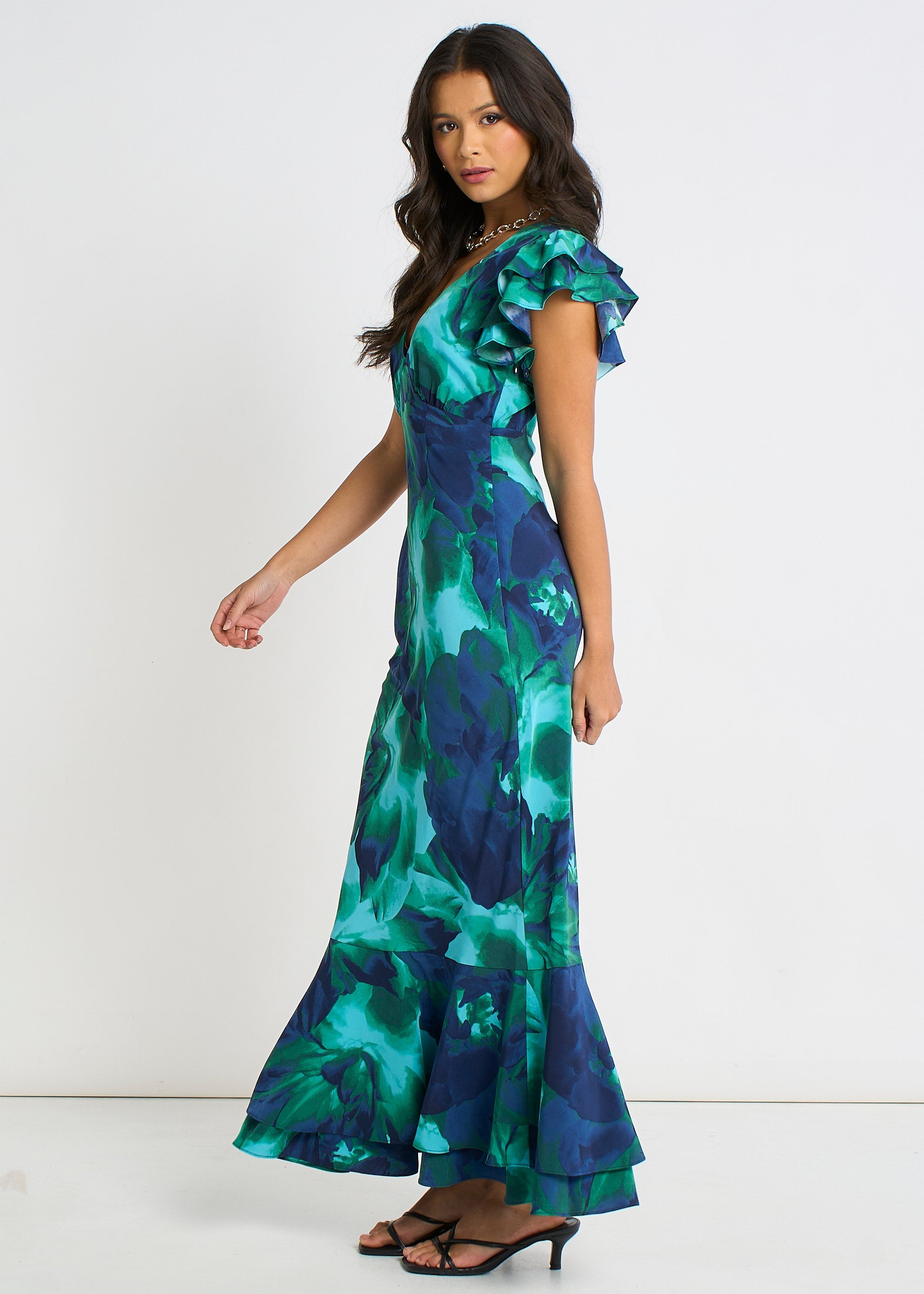 Gini London Green Watercolour Floral Maxi Dress