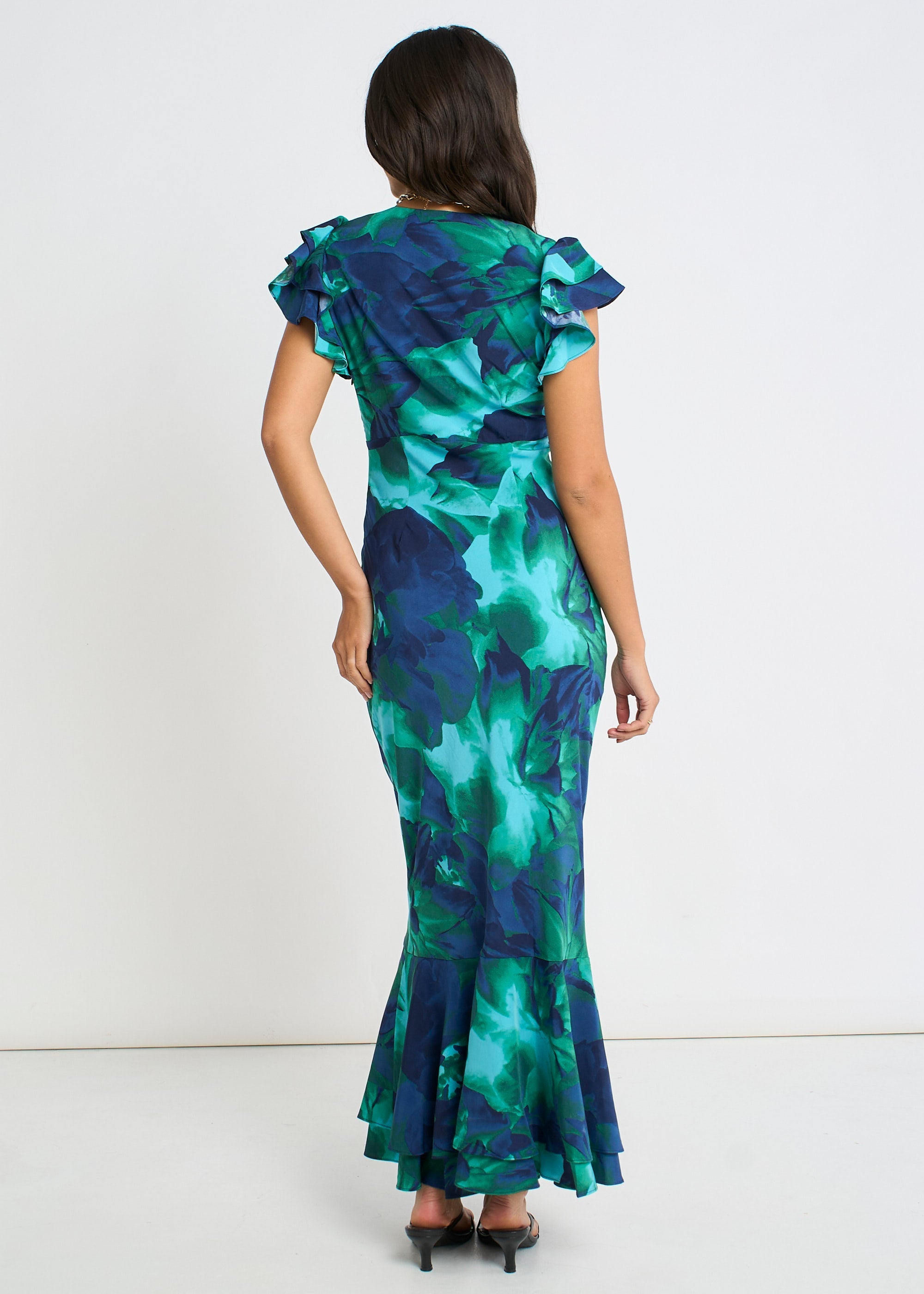 Gini London Green Watercolour Floral Maxi Dress