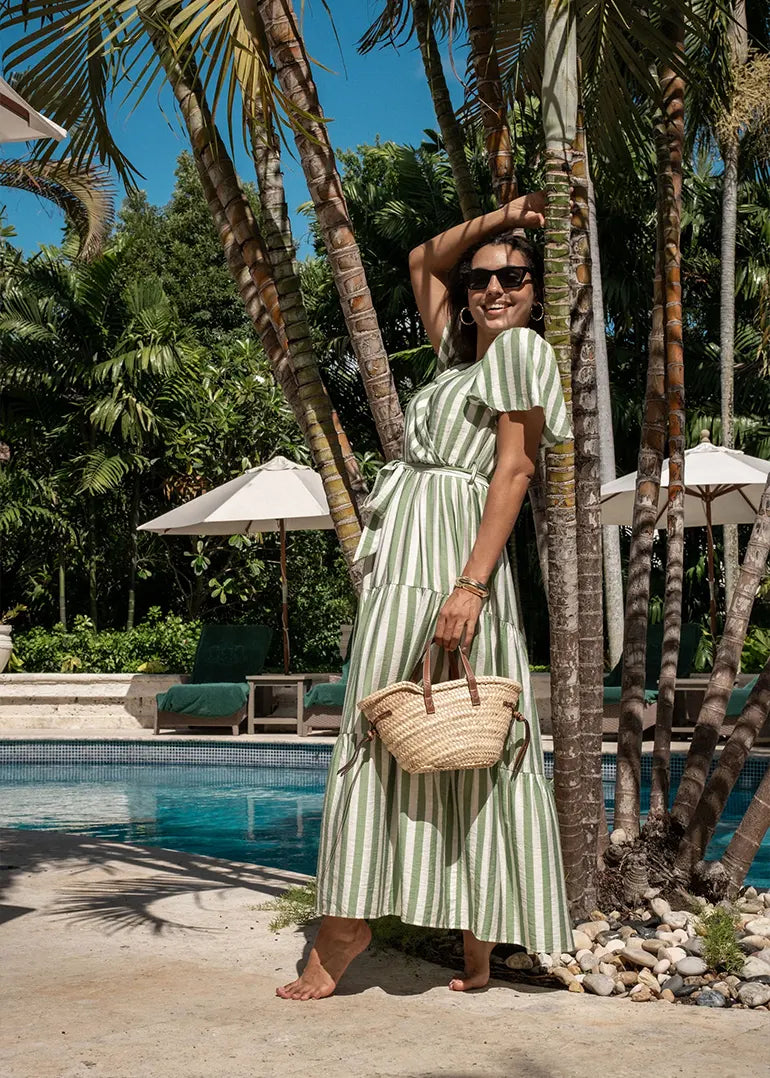 Gini London Sage Green Stripe Wrap Belted Viscose Midi Dress