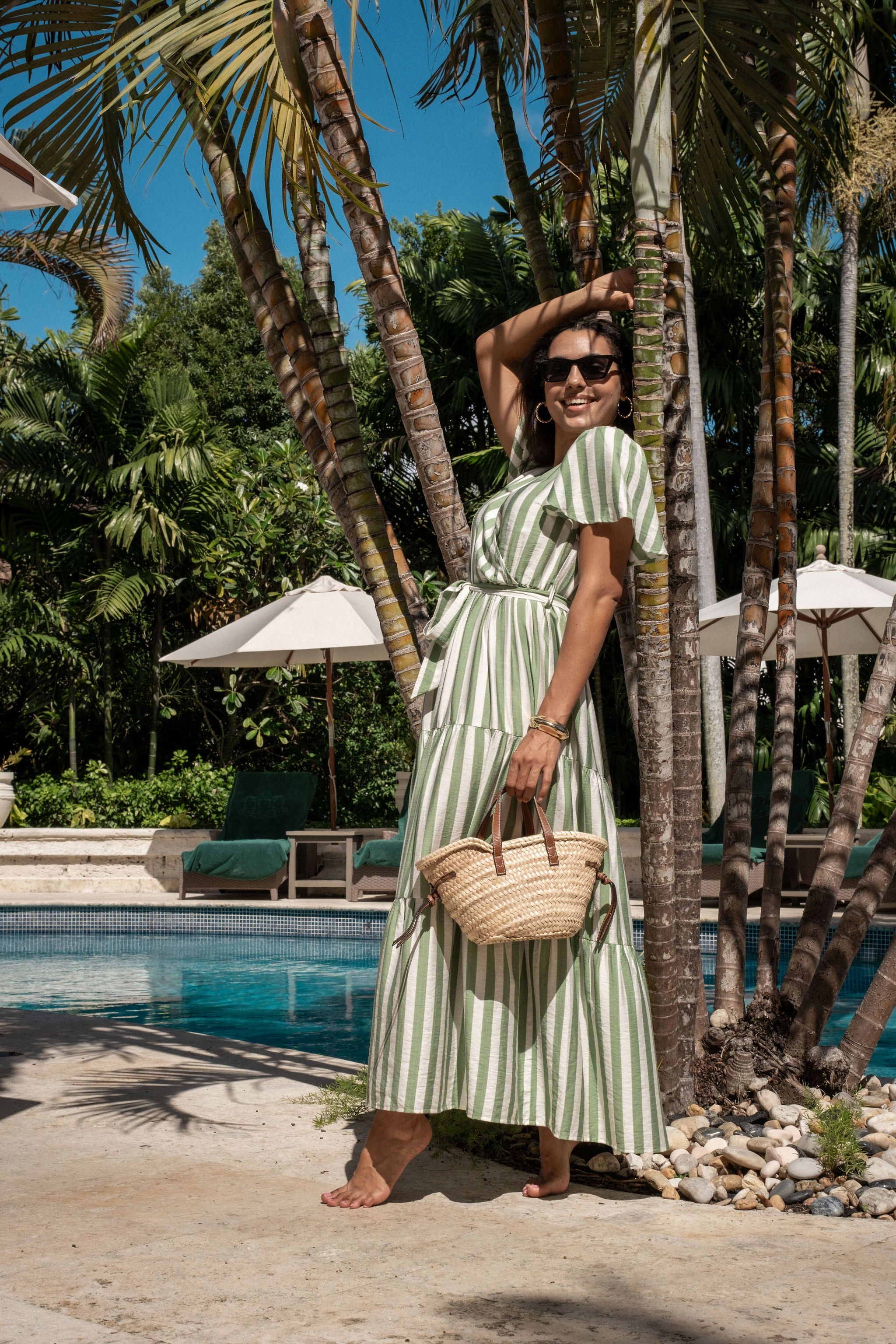 Gini London Sage Green Stripe Wrap Belted Viscose Midi Dress