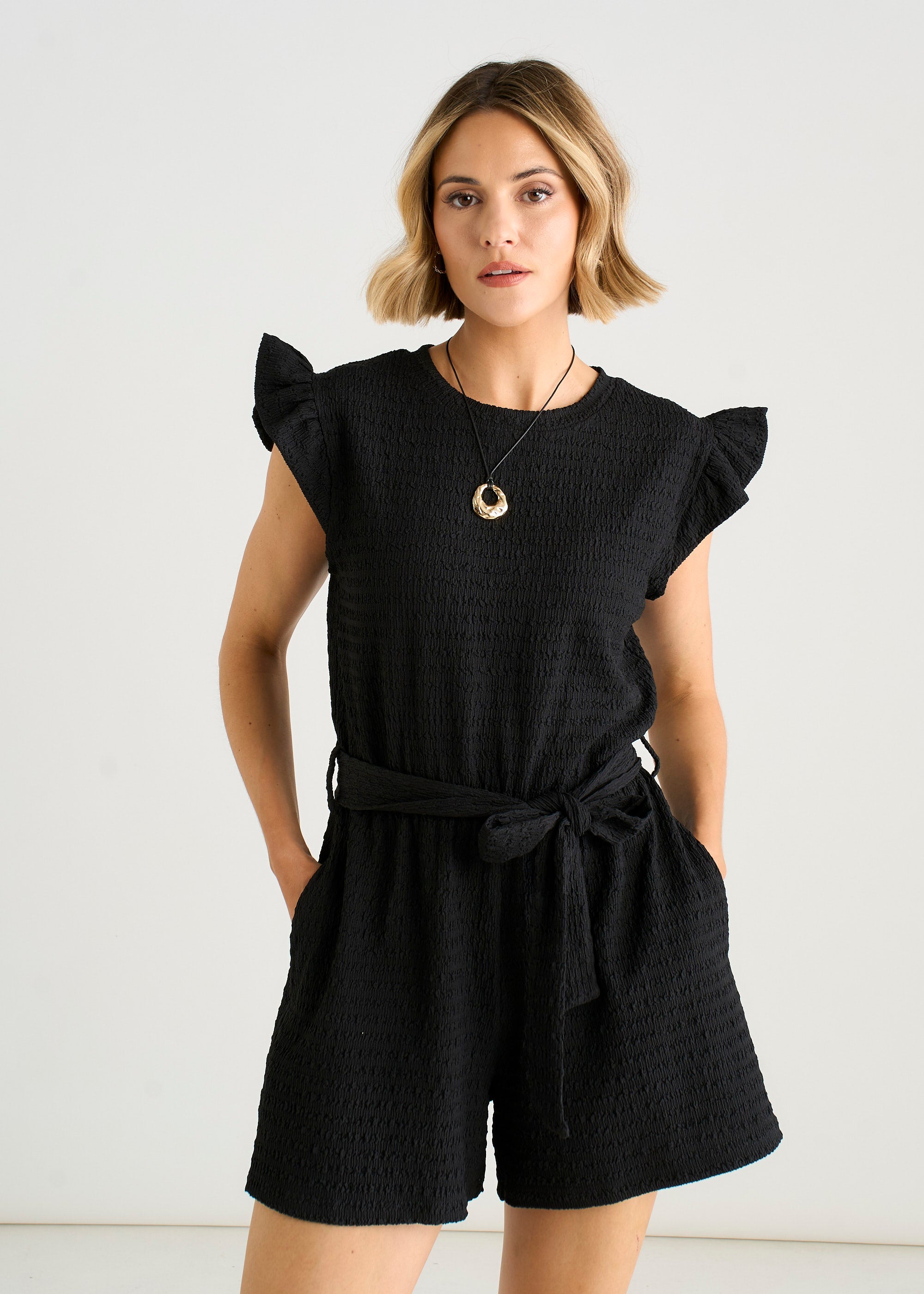 Gini London Black Stretch Texture Frill Elasticated Waist Playsuit