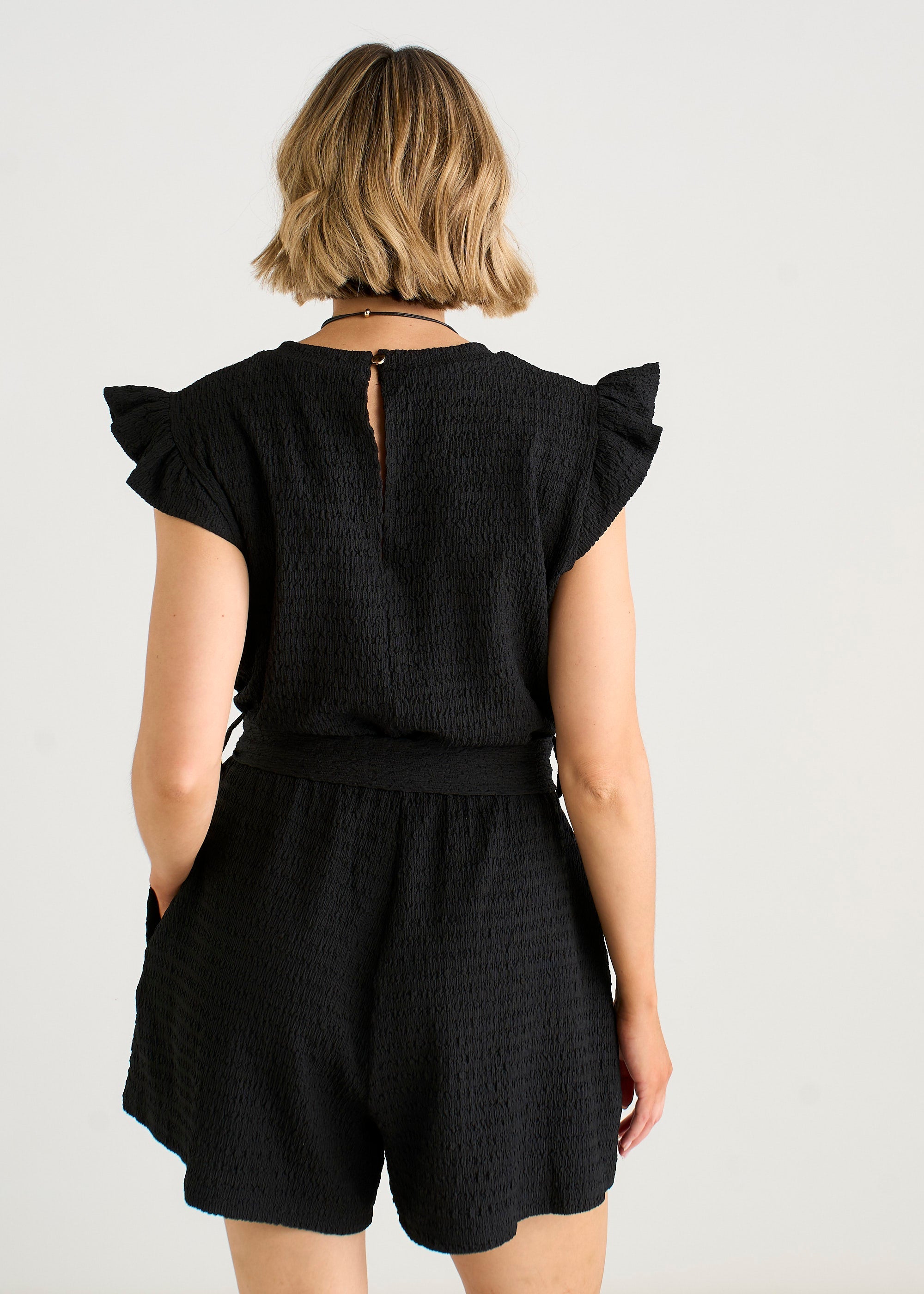 Gini London Black Stretch Texture Frill Elasticated Waist Playsuit