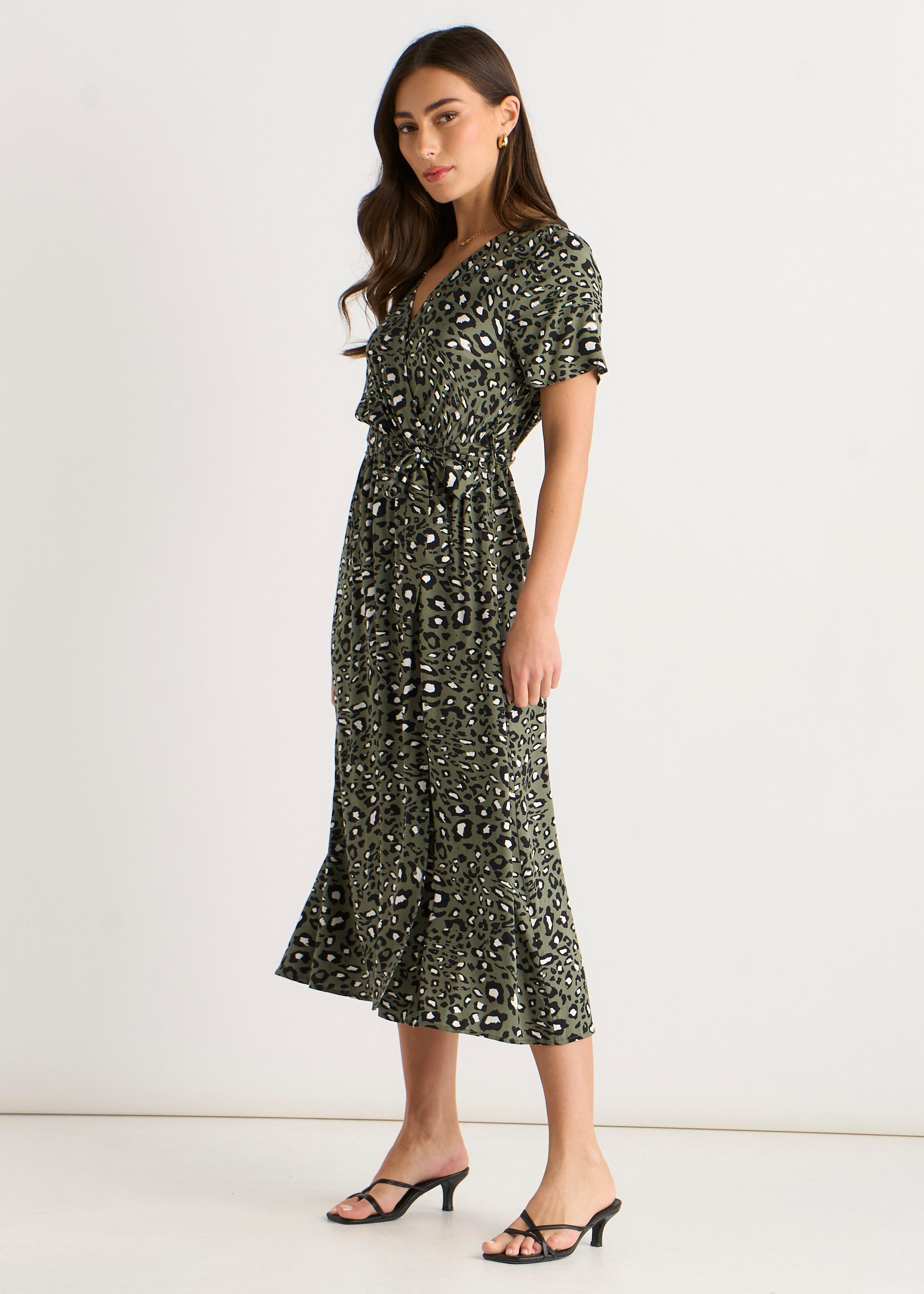 Gini London Khaki Short Sleeve Animal Print Wrap Front Midi Dress