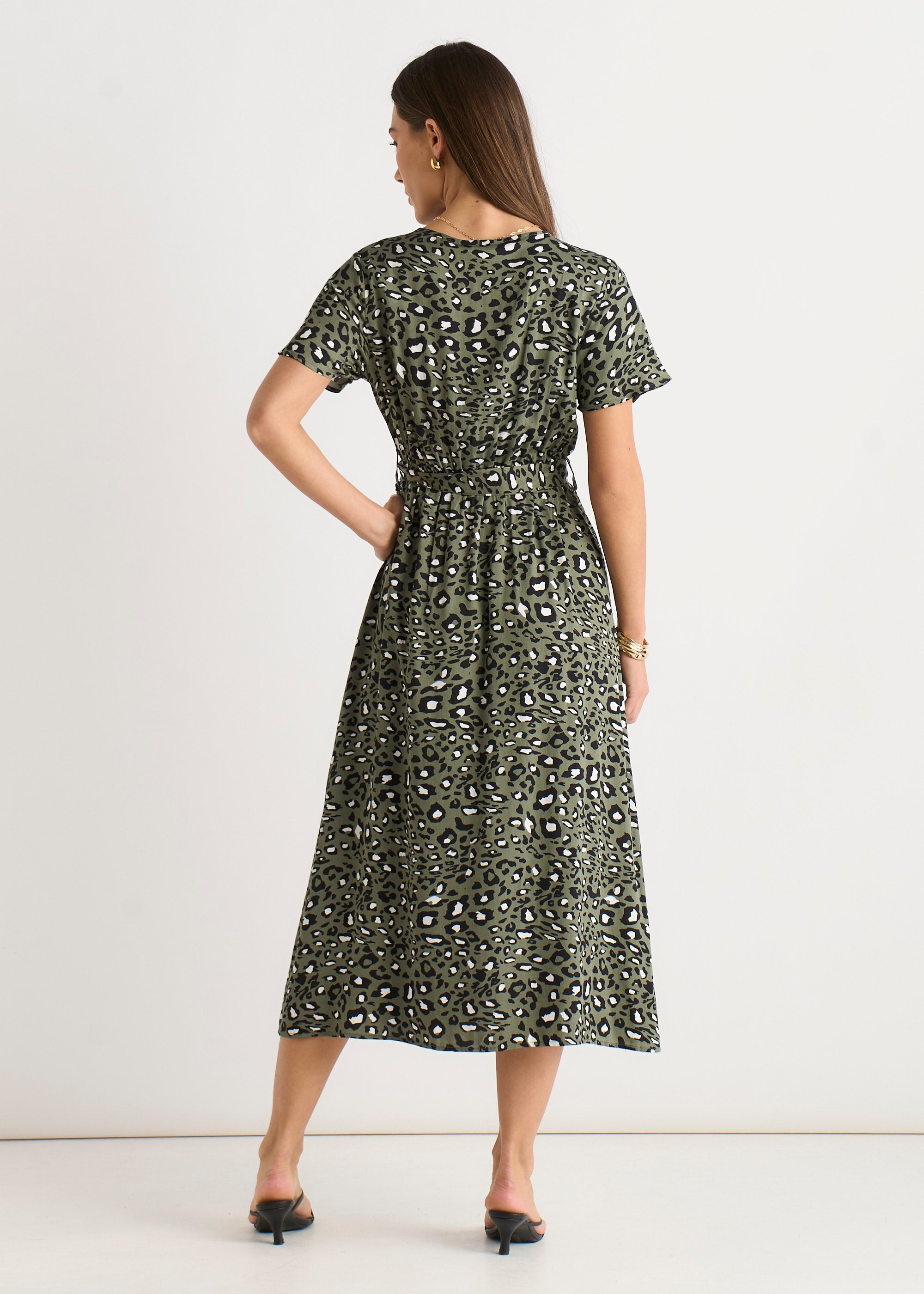 Gini London Khaki Short Sleeve Animal Print Wrap Front Midi Dress