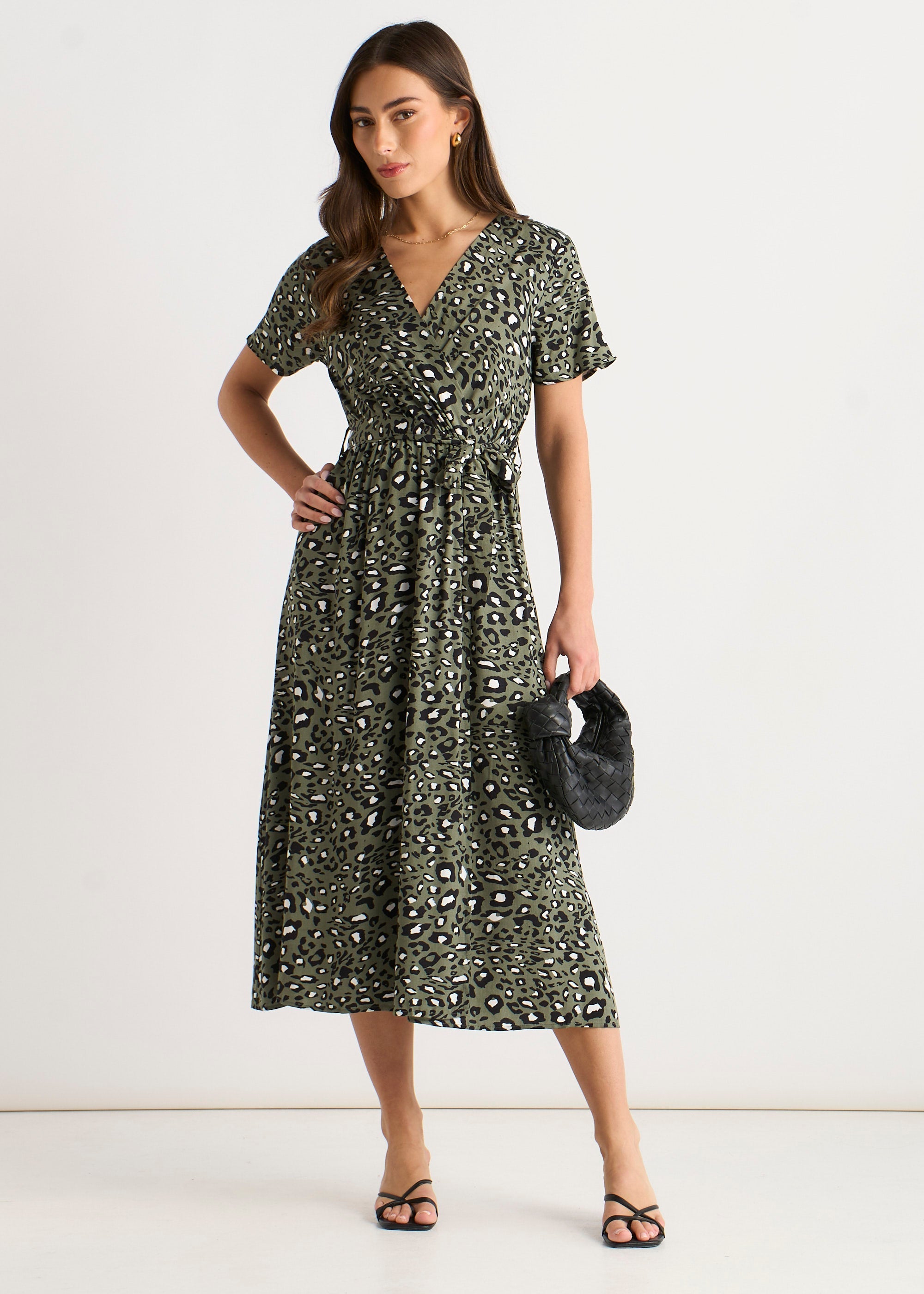 Gini London Khaki Short Sleeve Animal Print Wrap Front Midi Dress