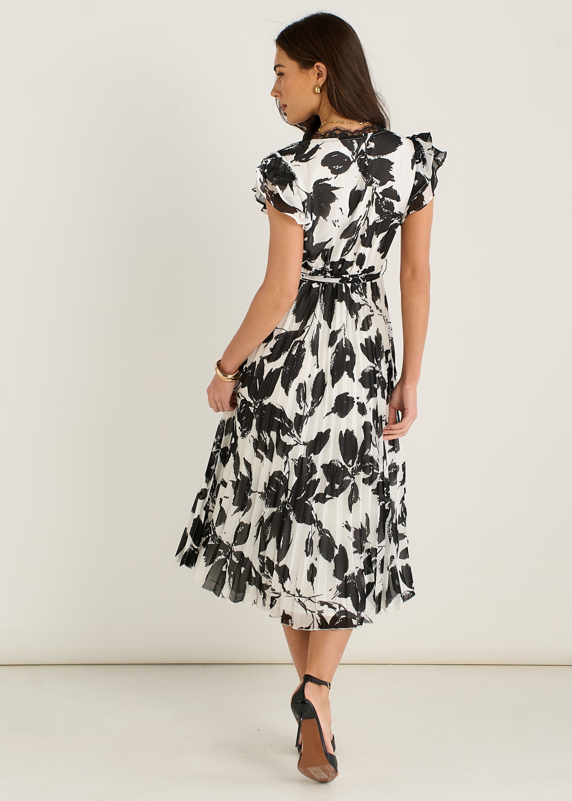 Gini London Lace Trim Mono Pleated Wrap Midi Dress