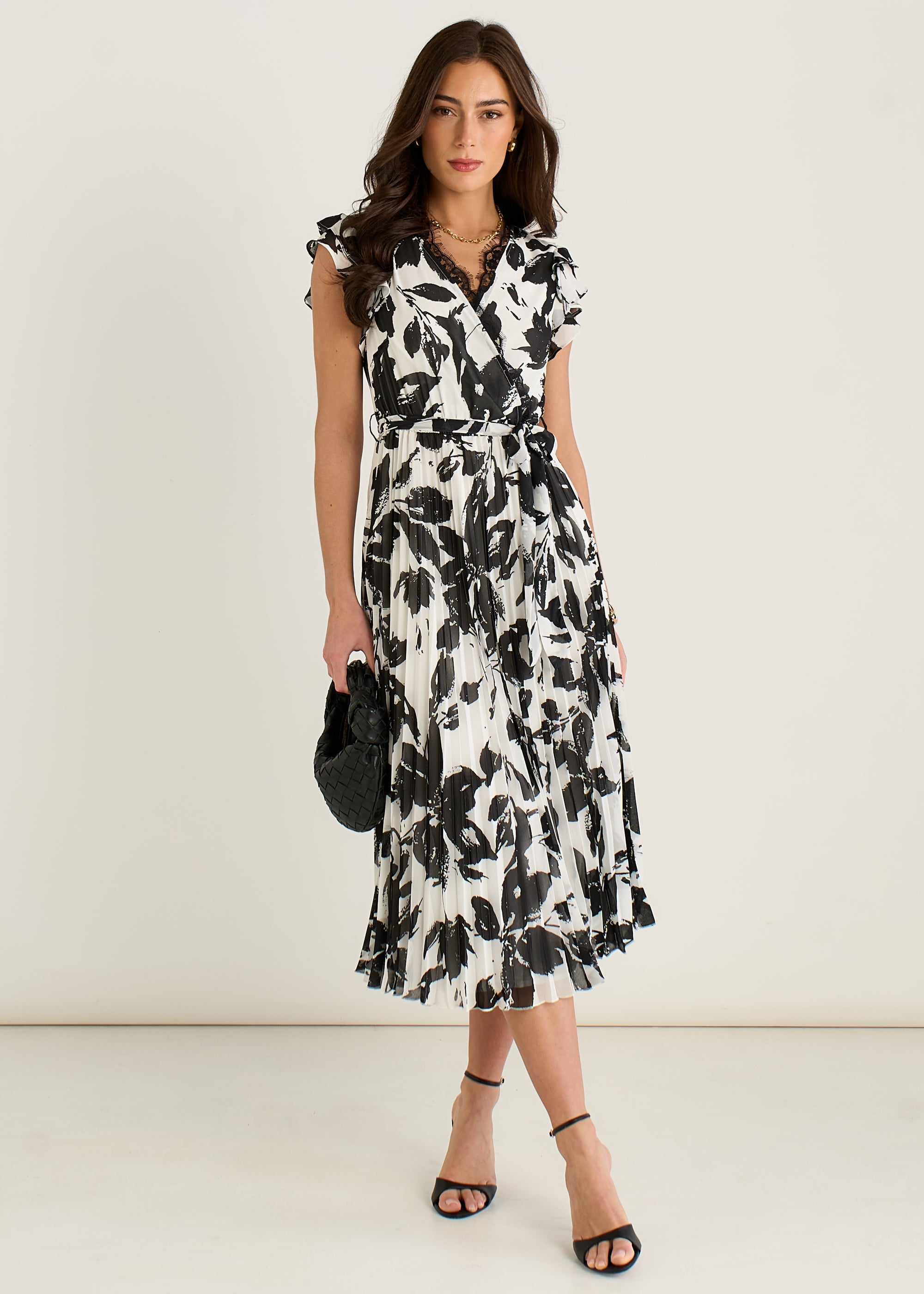 Gini London Lace Trim Mono Pleated Wrap Midi Dress