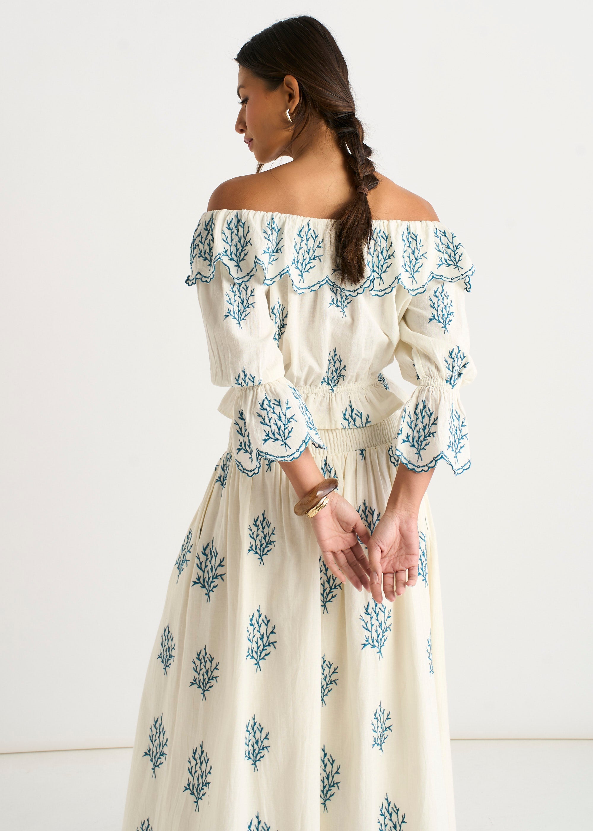 Marshmallow Cotton Embroidered Bardot Top