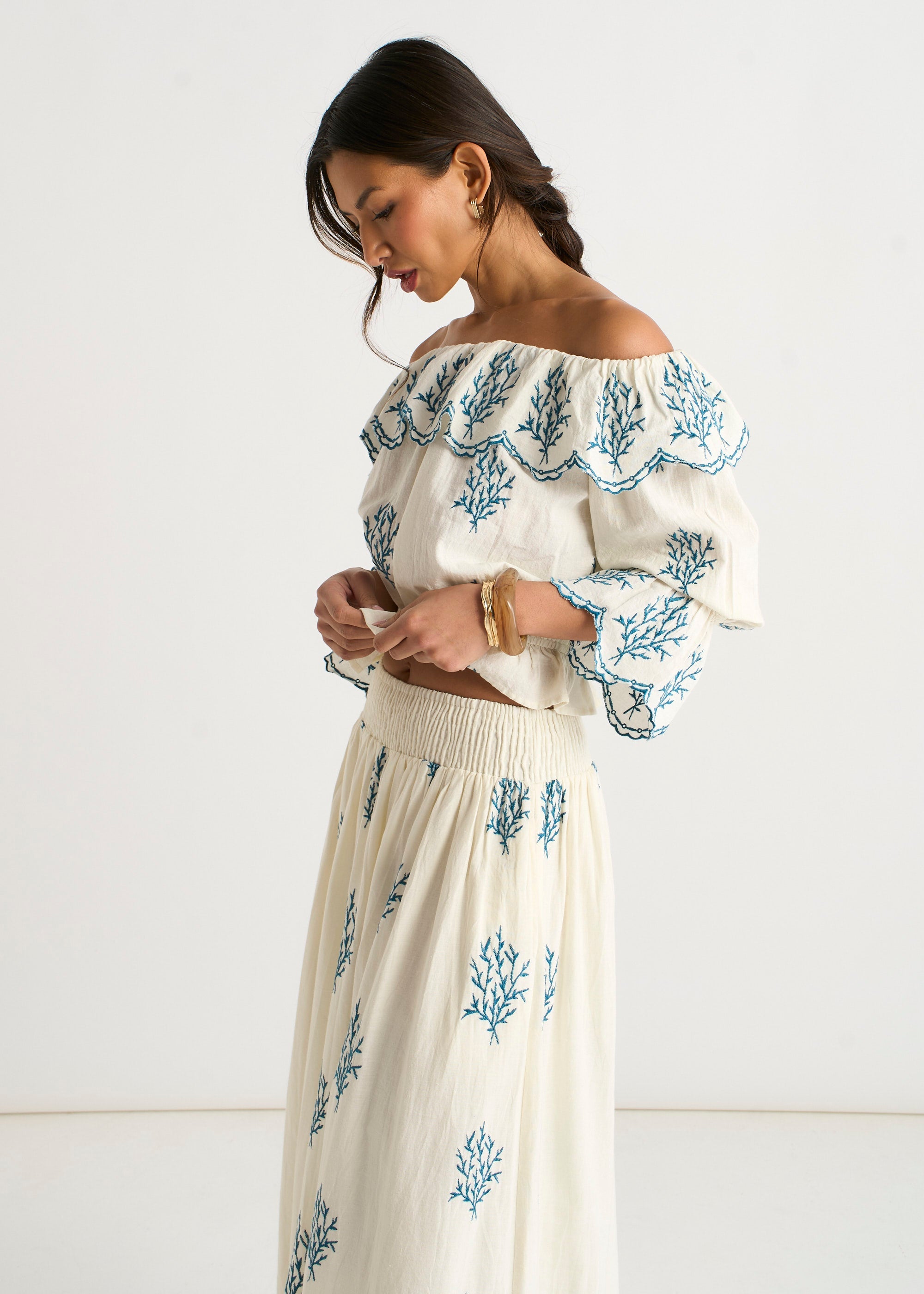 Marshmallow Cotton Embroidered Bardot Top