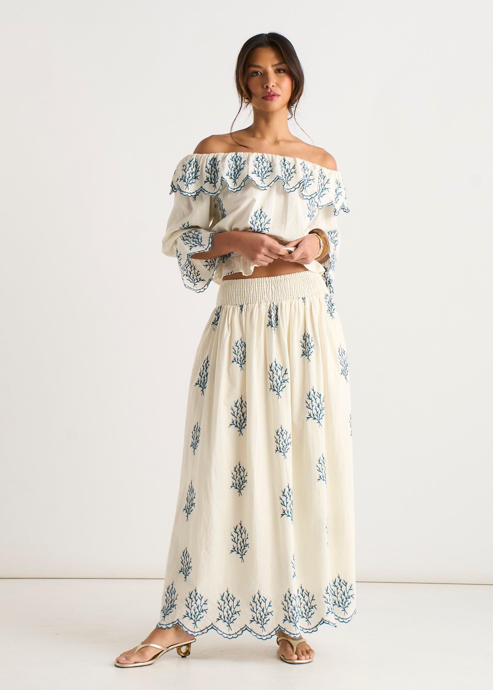 Marshmallow Cotton Embroidered Bardot Top