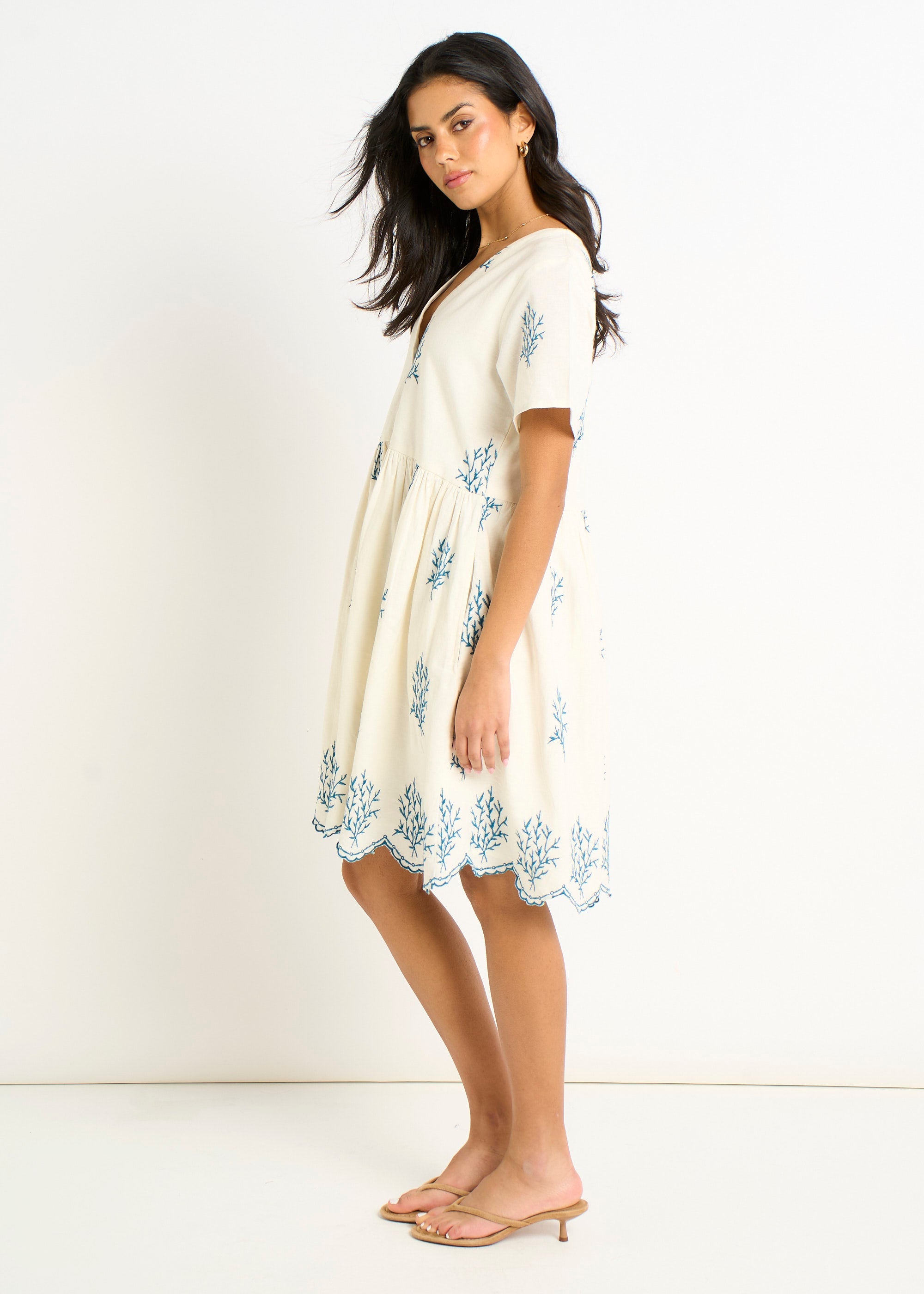 Gini London Marshmallow Cotton Embroidered Smock Mini Dress
