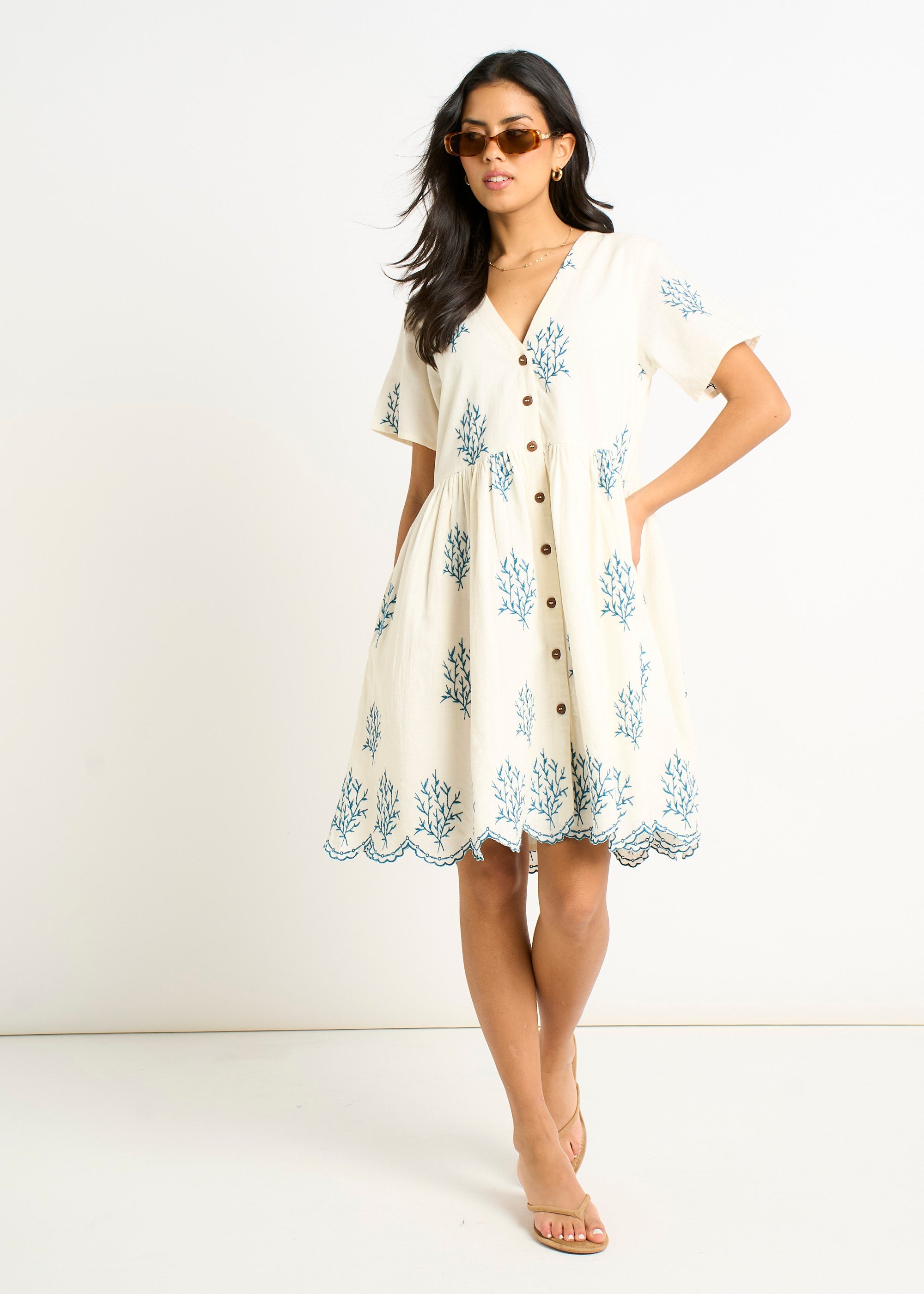 Gini London Marshmallow Cotton Embroidered Smock Mini Dress