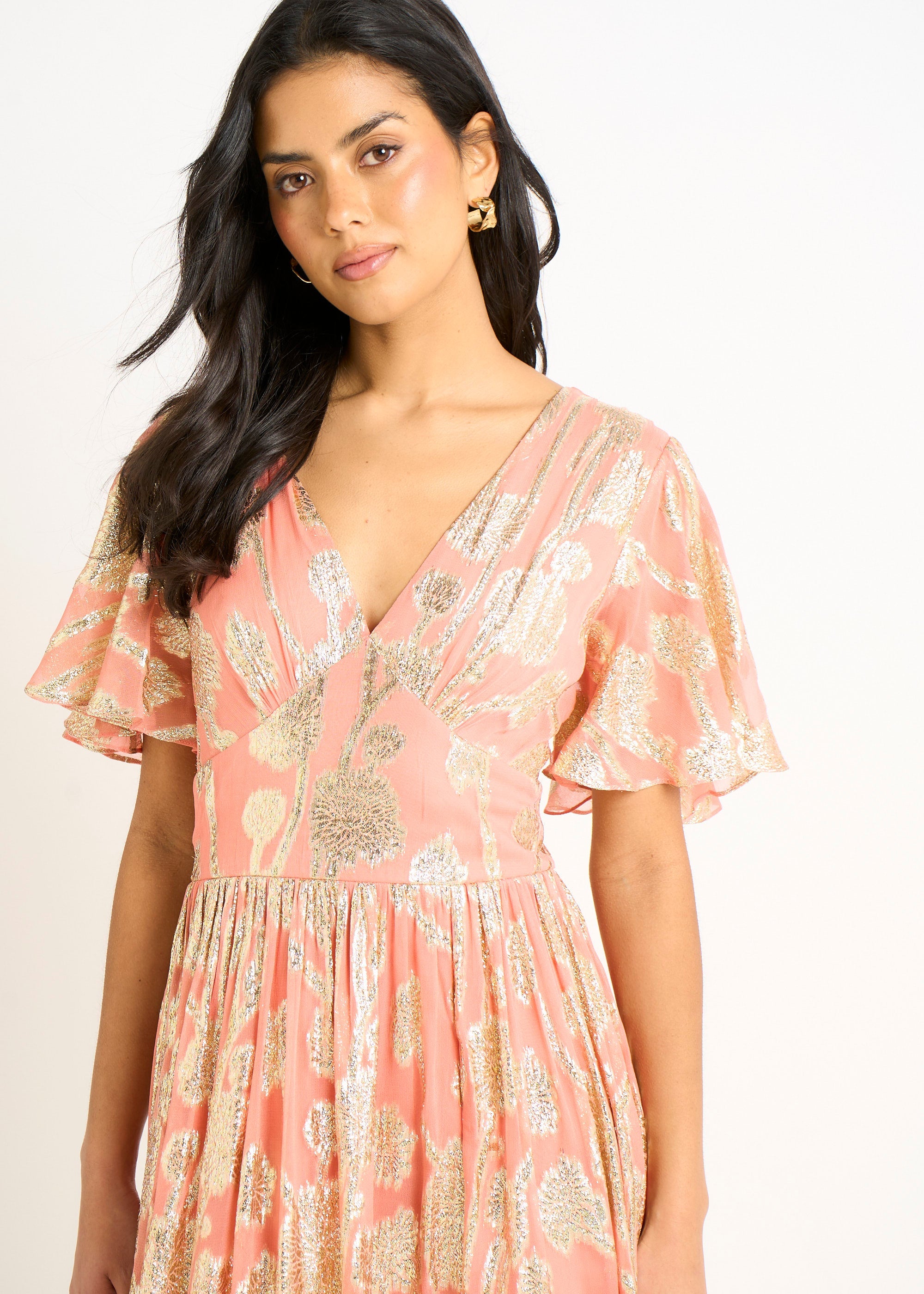 Gini London Pink Metallic Jacquard Flutter Sleeves Floral Maxi Dress