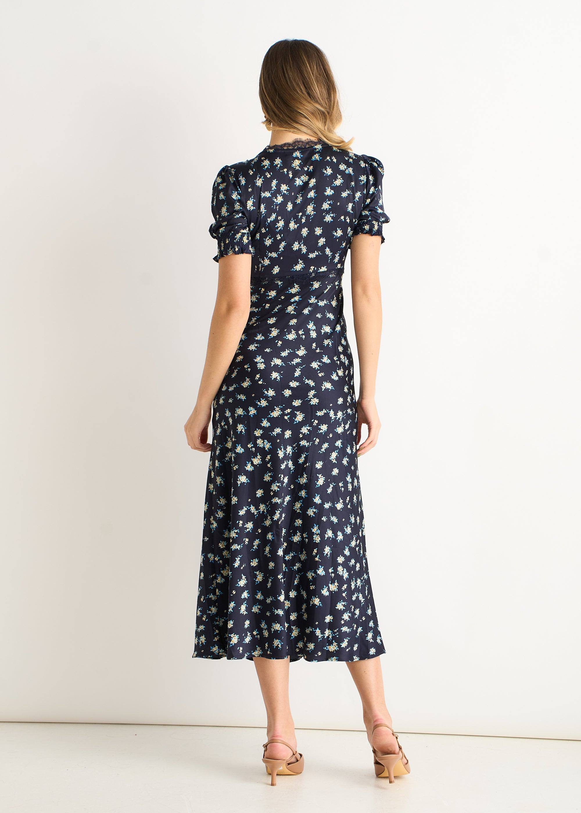 Gini London Navy Floral Lace Trim V Neck Midi Dress