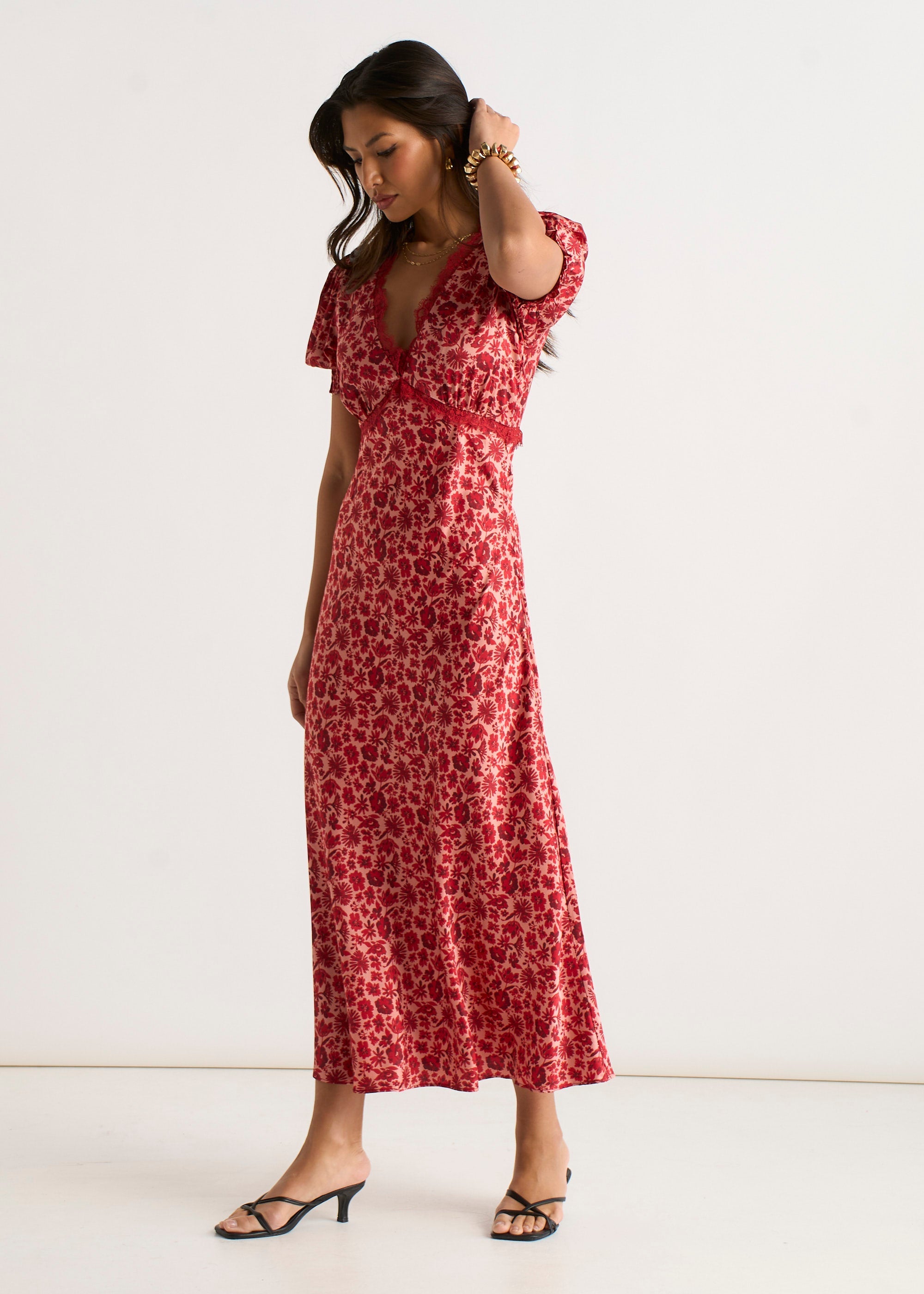 Gini London Red Floral Lace Trim V Neck Midi Dress