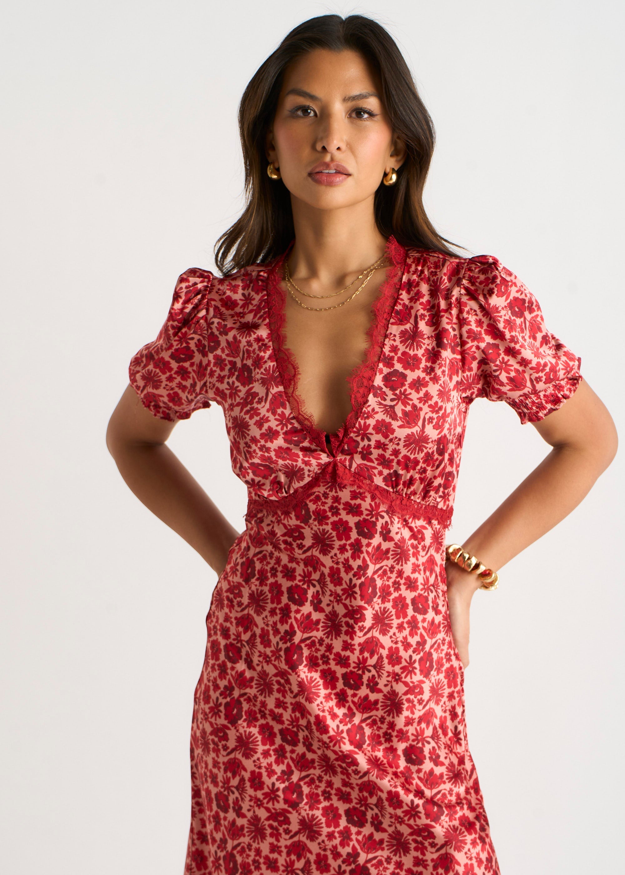 Gini London Red Floral Lace Trim V Neck Midi Dress