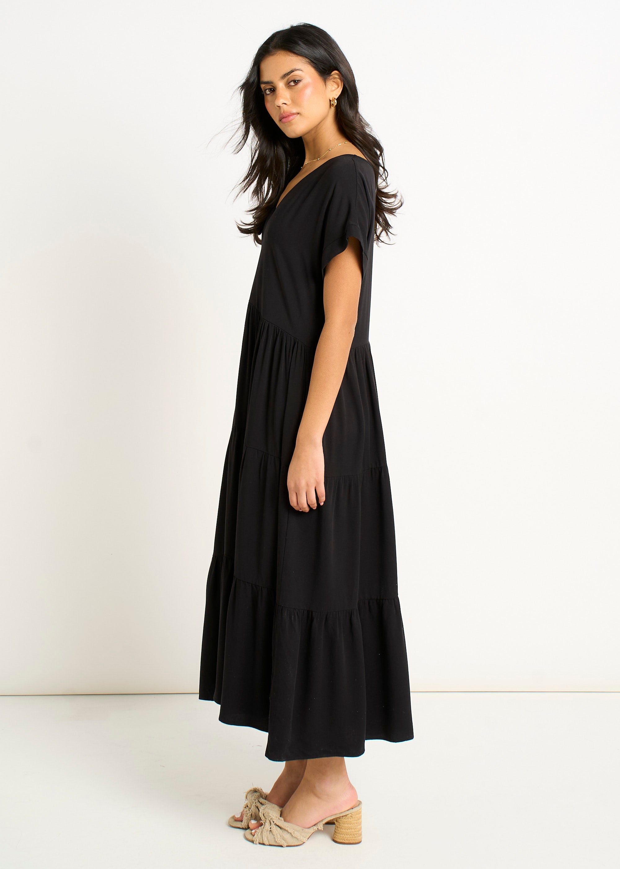 Gini London Black V Neck Pocket Smock Midi Dress