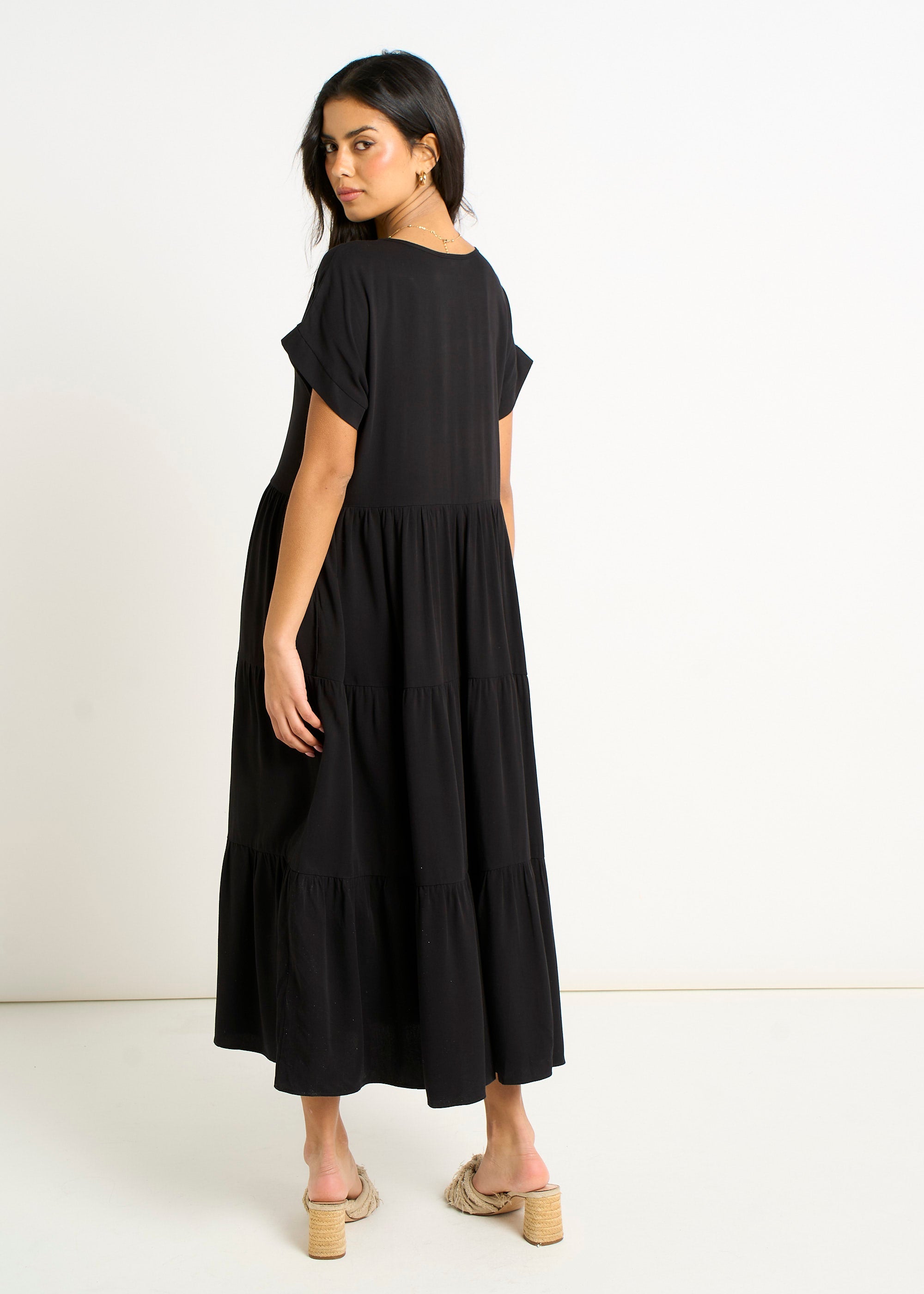 Gini London Black V Neck Pocket Smock Midi Dress