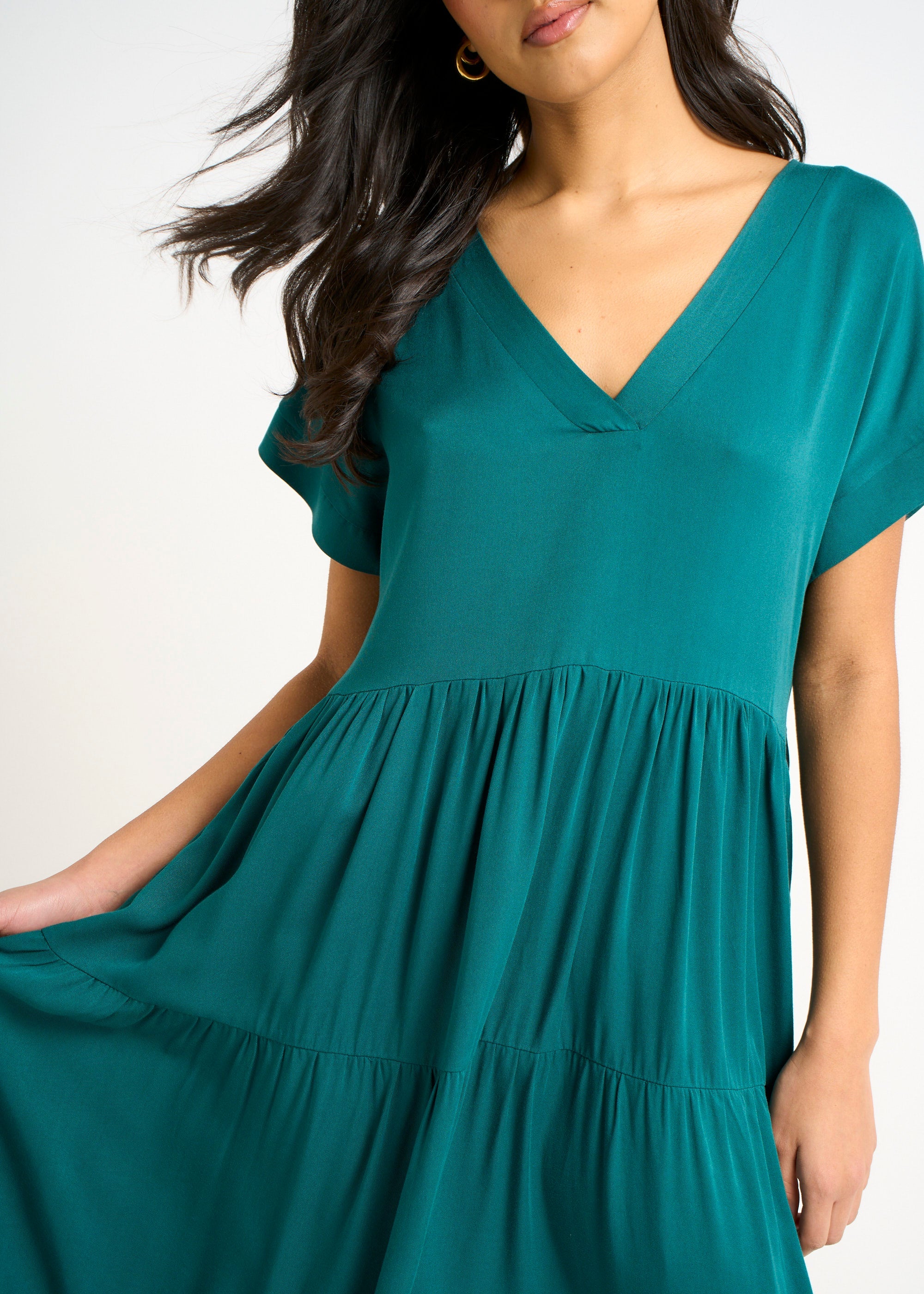 Gini London Green V Neck Pocket Smock Midi Dress