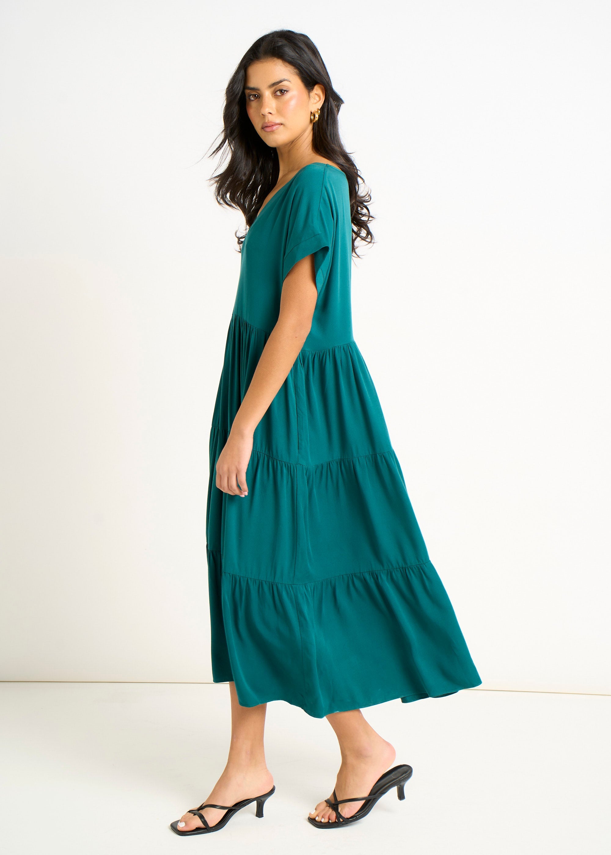 Gini London Green V Neck Pocket Smock Midi Dress