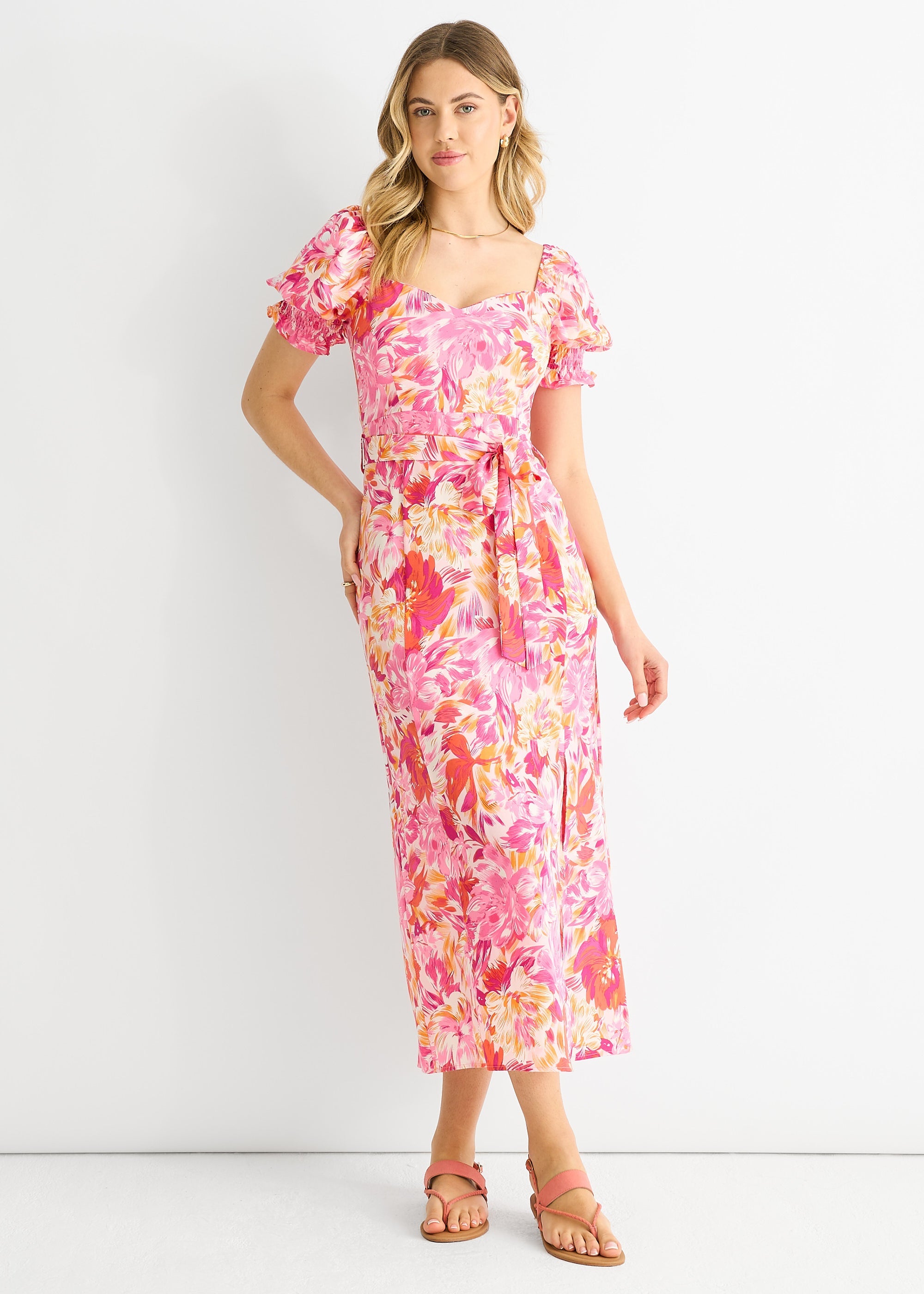 Gini London Pink Floral Puff Sleeves Belted Midi Dress
