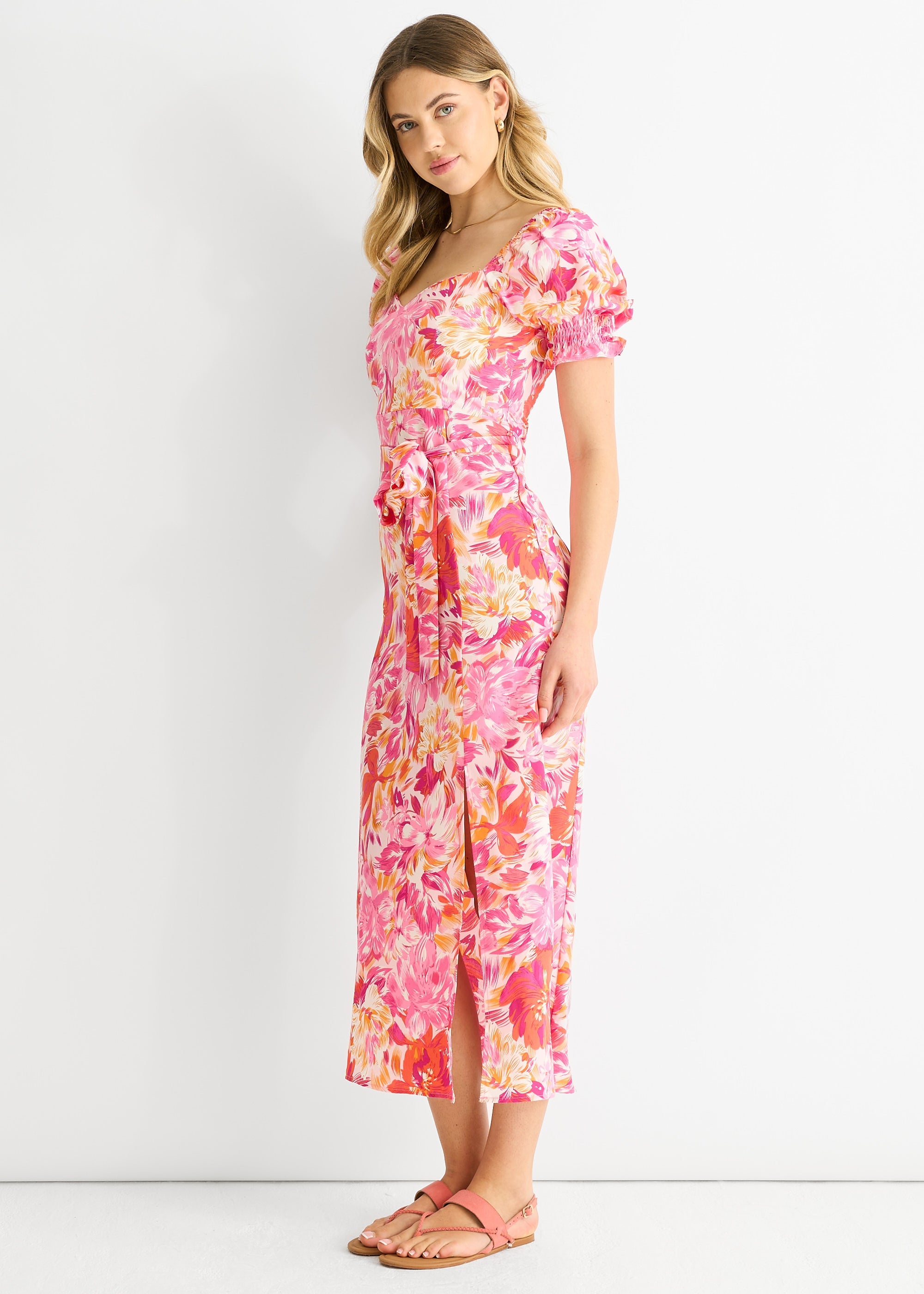 Gini London Pink Floral Puff Sleeves Belted Midi Dress