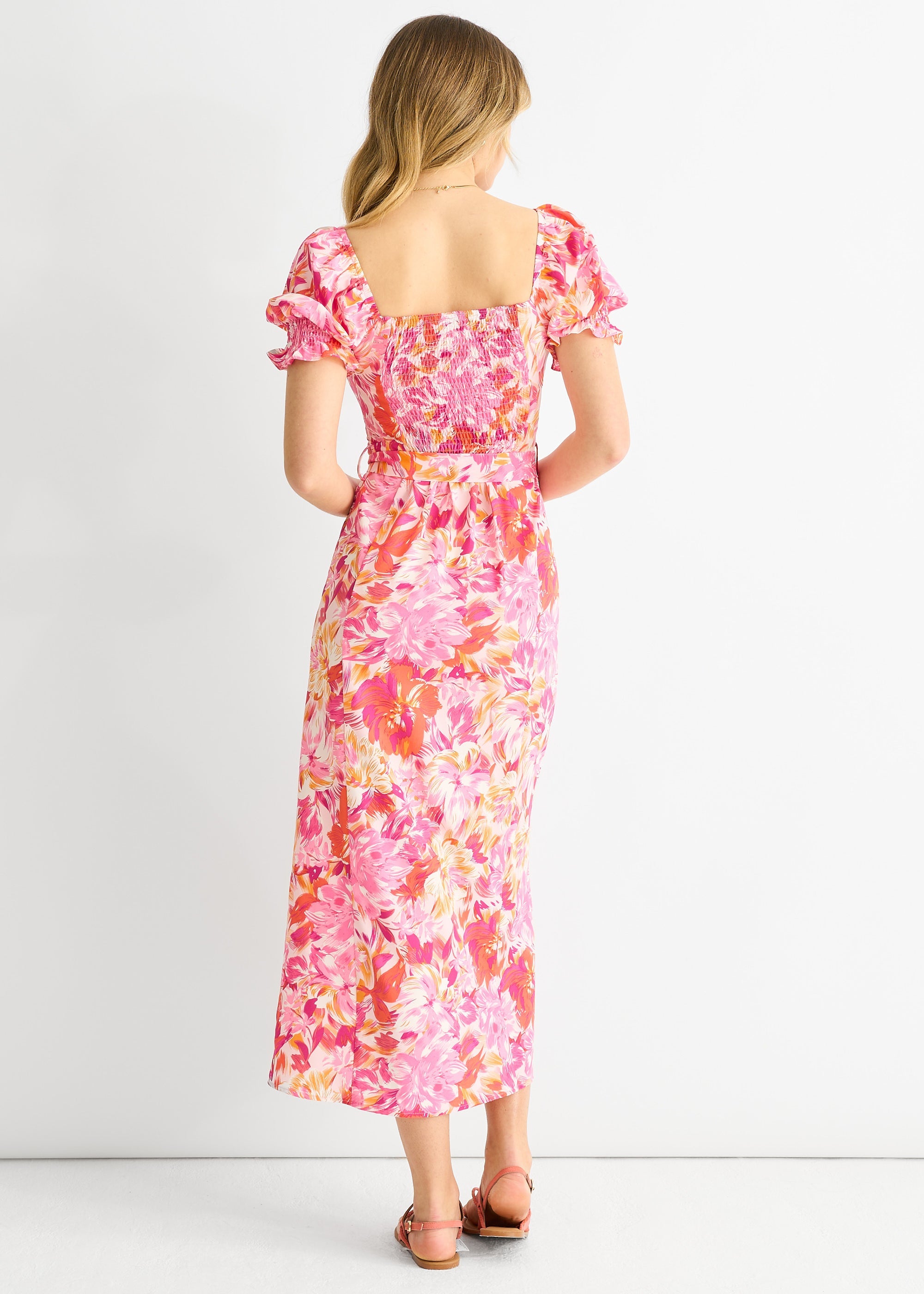 Gini London Pink Floral Puff Sleeves Belted Midi Dress