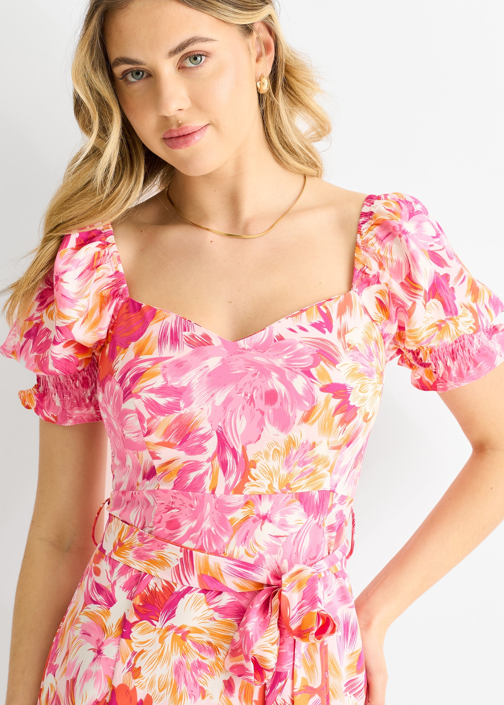 Gini London Pink Floral Puff Sleeves Belted Midi Dress