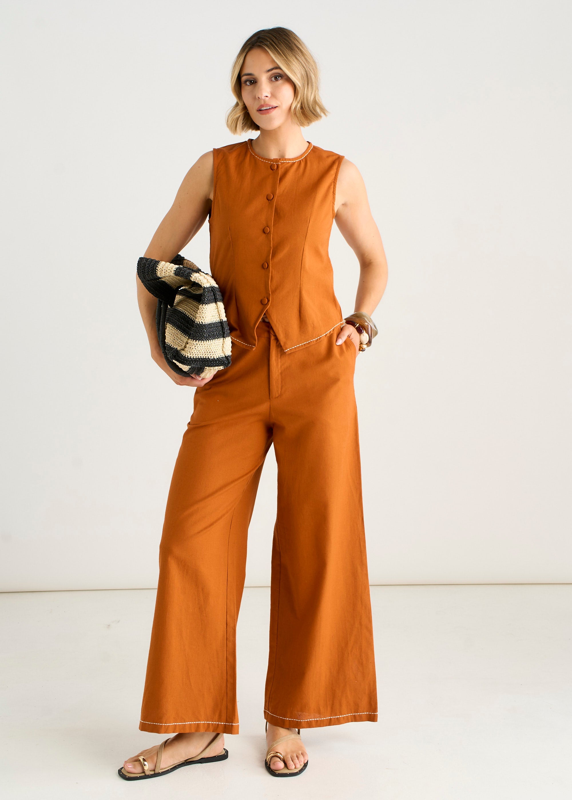 Gini London Rust Contrast Embroidery Stitch Detail Trouser