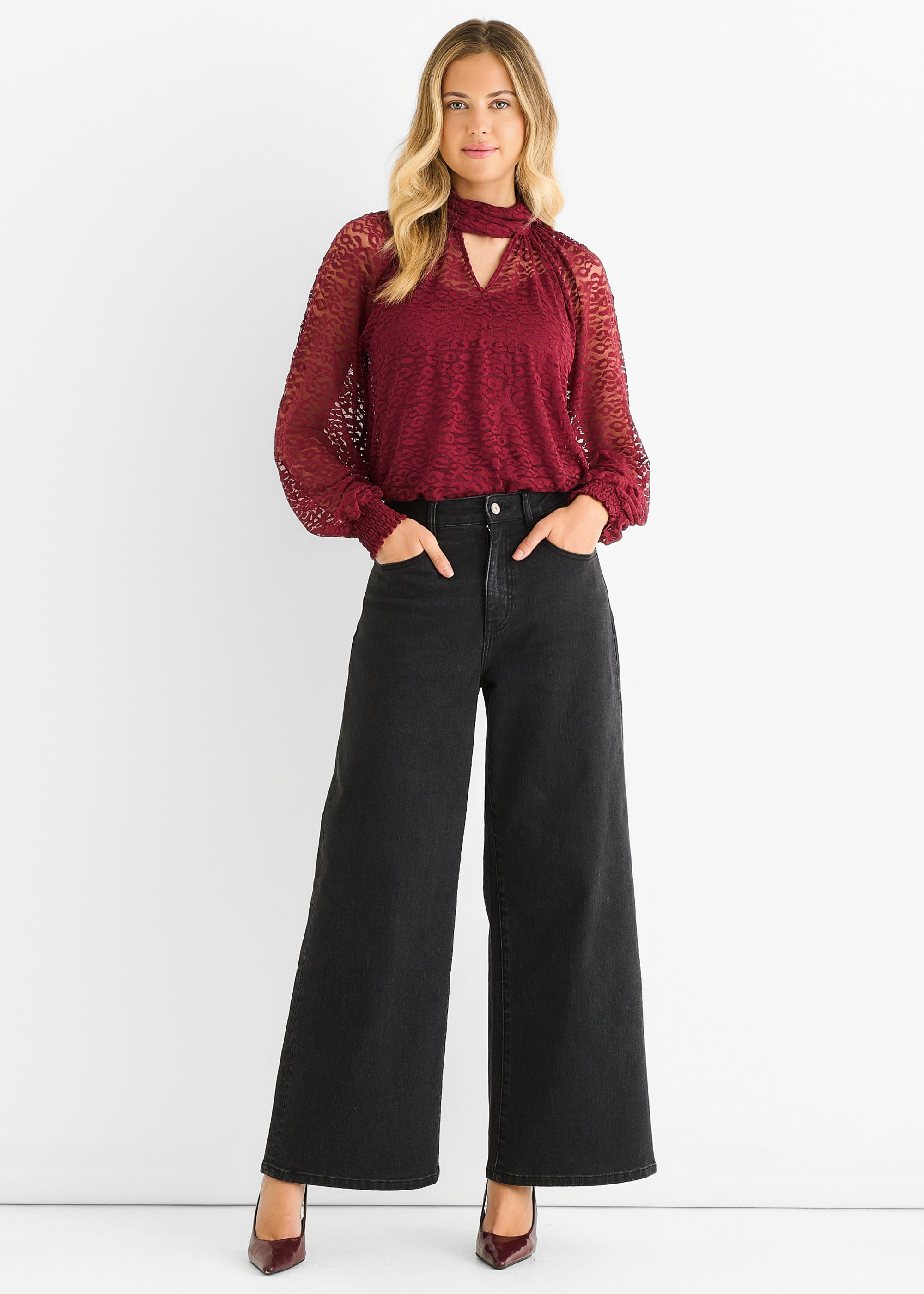 Gini London Burgundy Animal Lace Neck Tie Detail Blouse