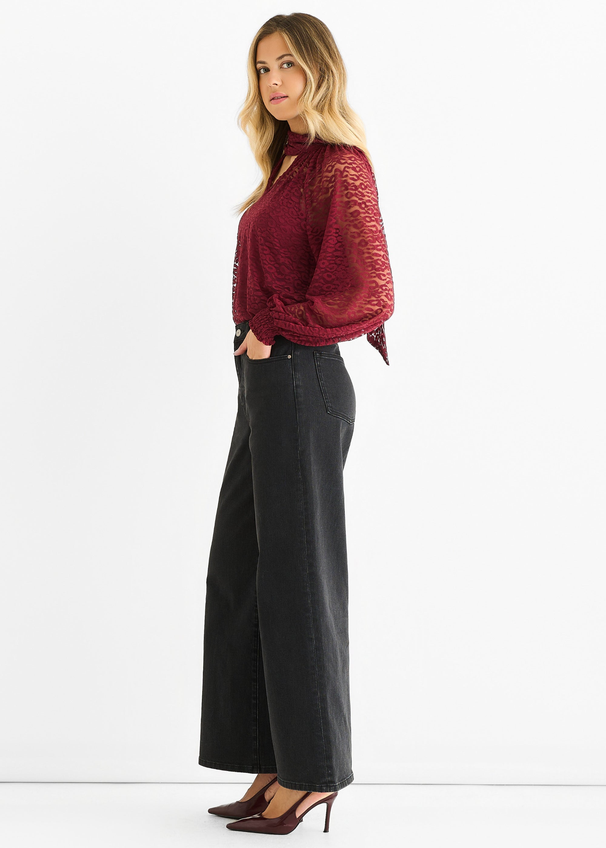 Gini London Burgundy Animal Lace Neck Tie Detail Blouse