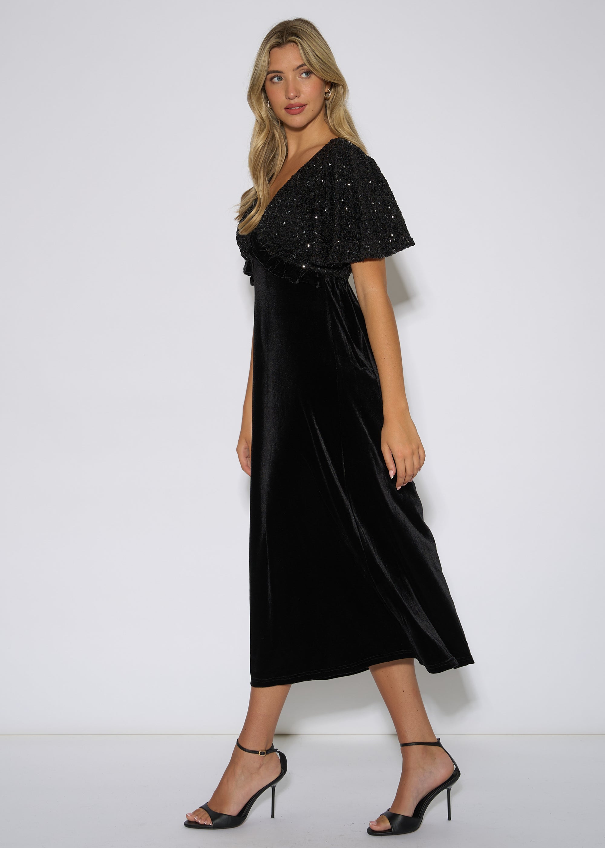 Gini London Black Sequin Top Premium Velvet Occasion Midi Dress
