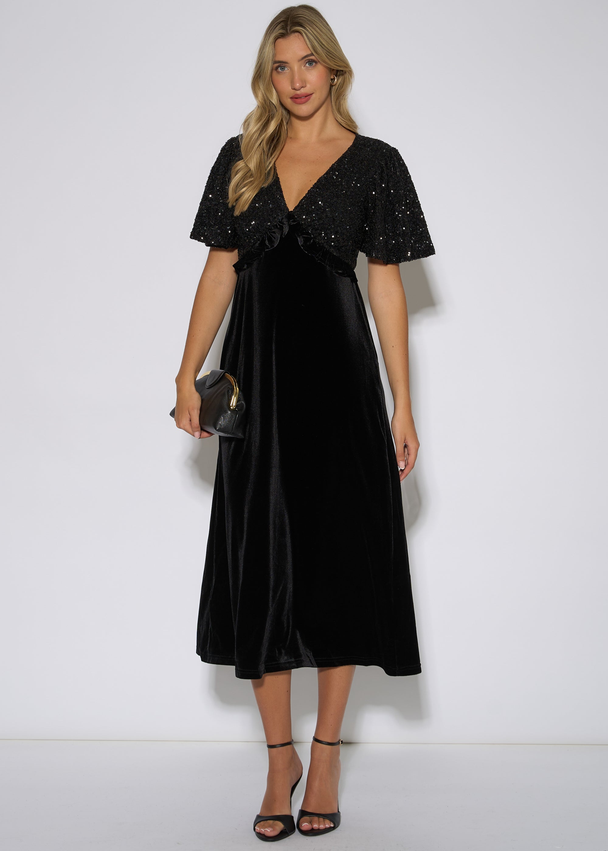 Gini London Black Sequin Top Premium Velvet Occasion Midi Dress