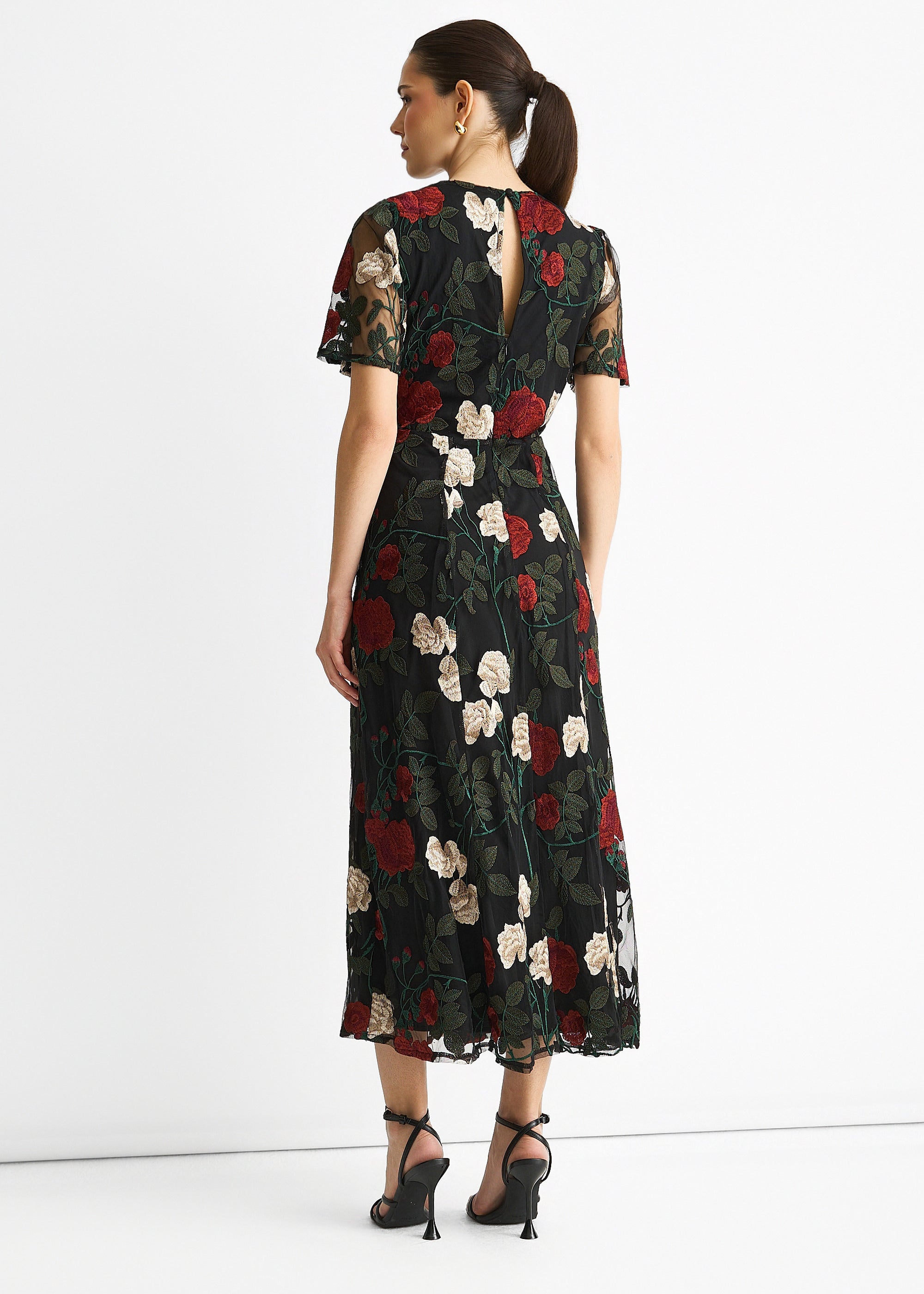 Gini London Black Angel Sleeves Embroidered Occasion Midi Dress