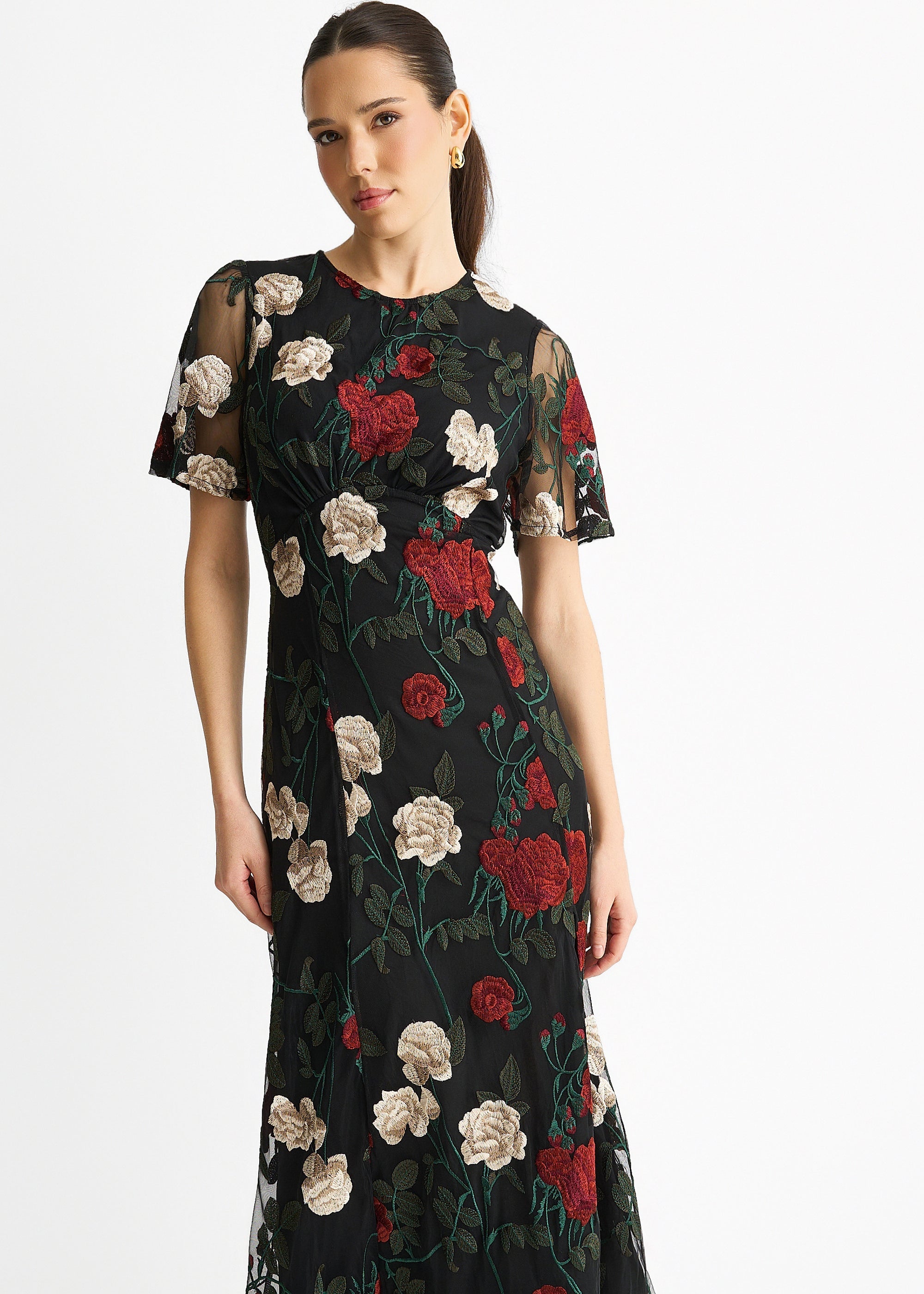Gini London Black Angel Sleeves Embroidered Occasion Midi Dress