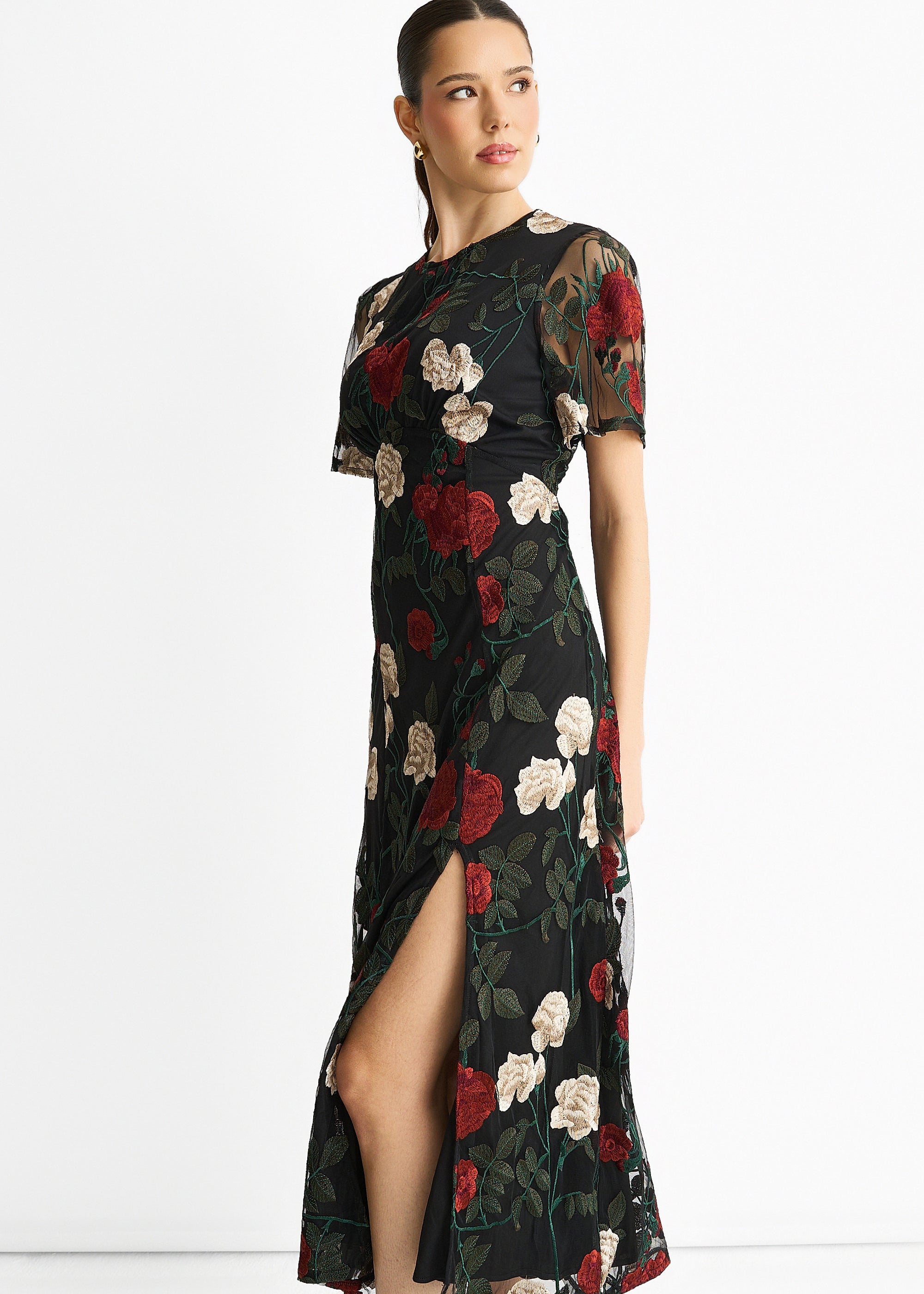 Gini London Black Angel Sleeves Embroidered Occasion Midi Dress