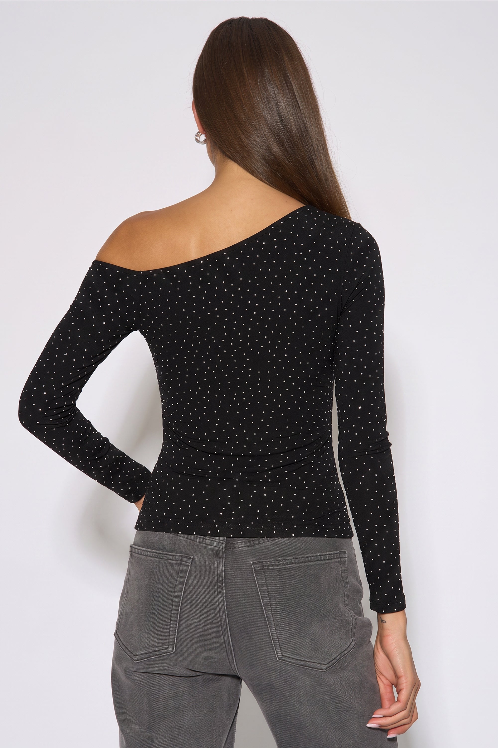 Gini London Black Diamante Slash Neck Top