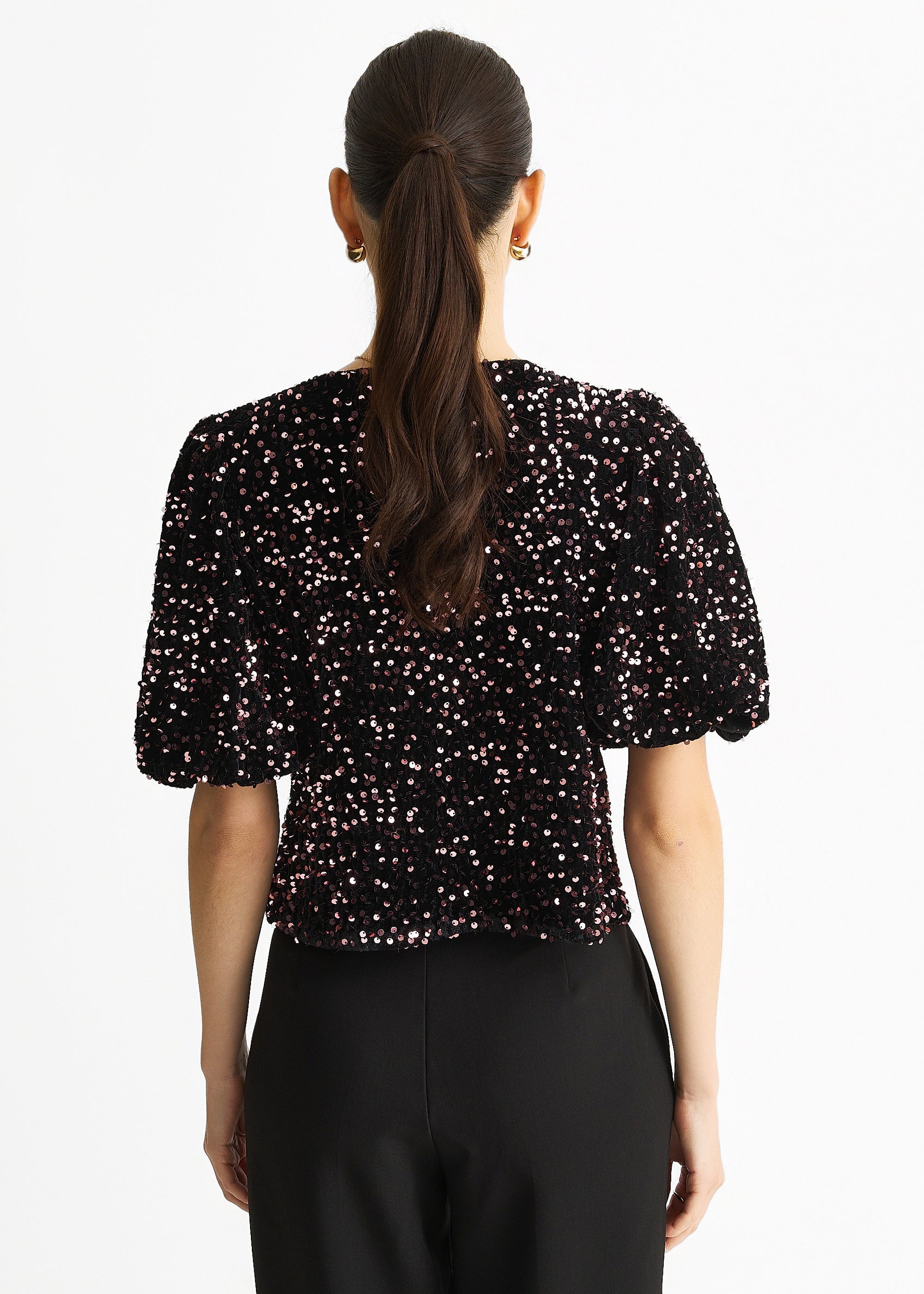 Gini London Purple Velvet Sequin Bow Front Bubble Sleeve Top