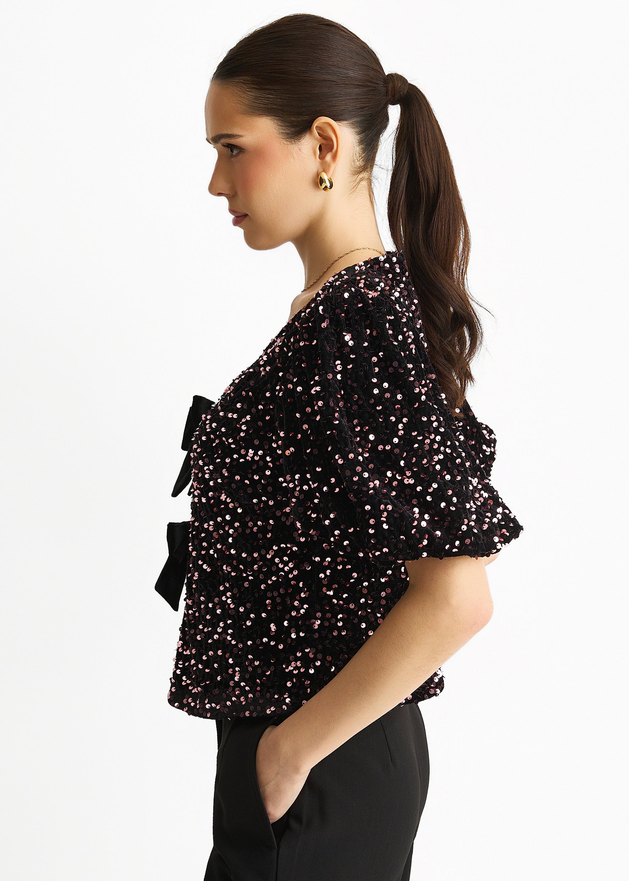 Gini London Purple Velvet Sequin Bow Front Bubble Sleeve Top