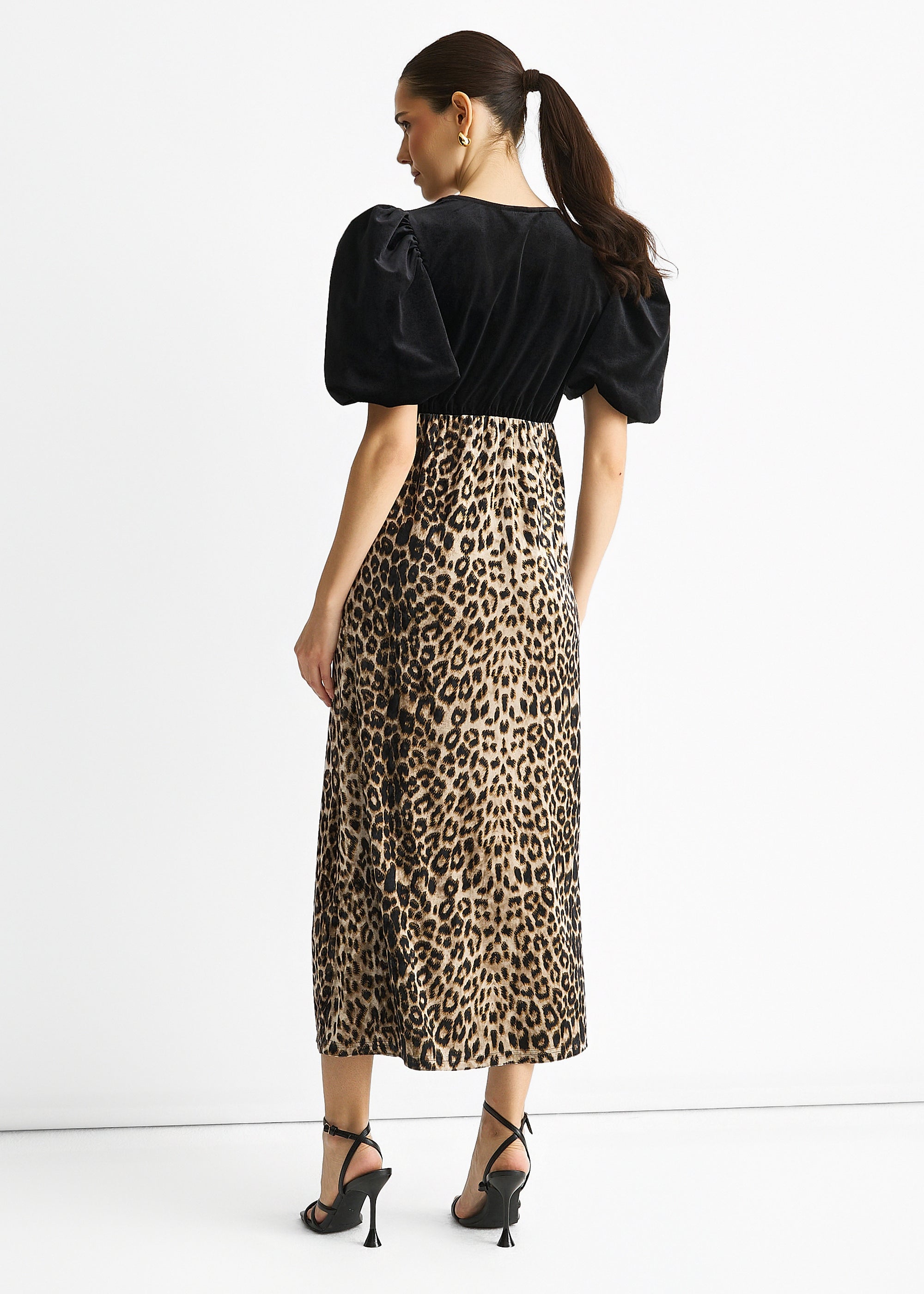 Gini London Black Animal Velvet Contrast Top Occasion Midi Dress