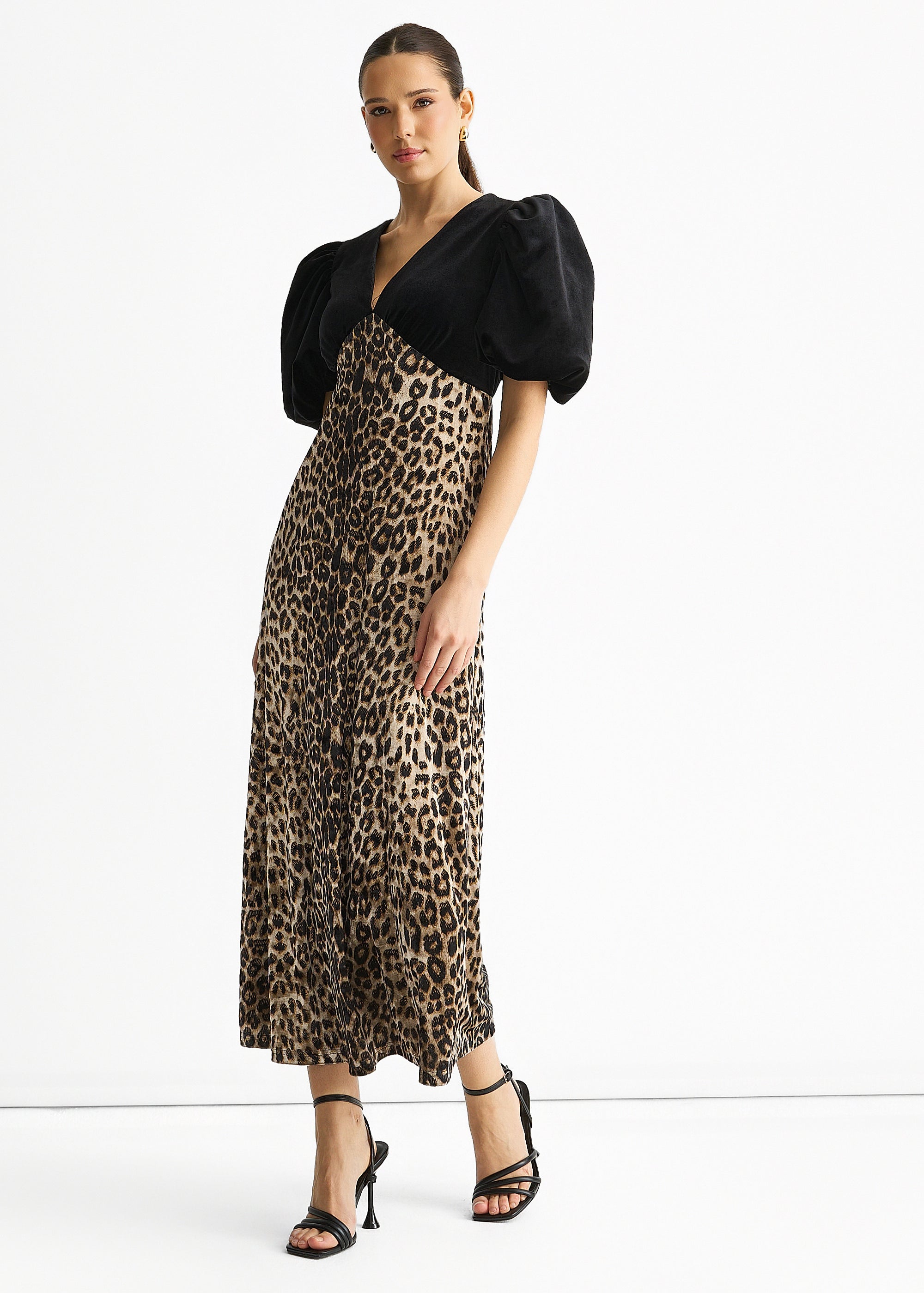 Gini London Black Animal Velvet Contrast Top Occasion Midi Dress