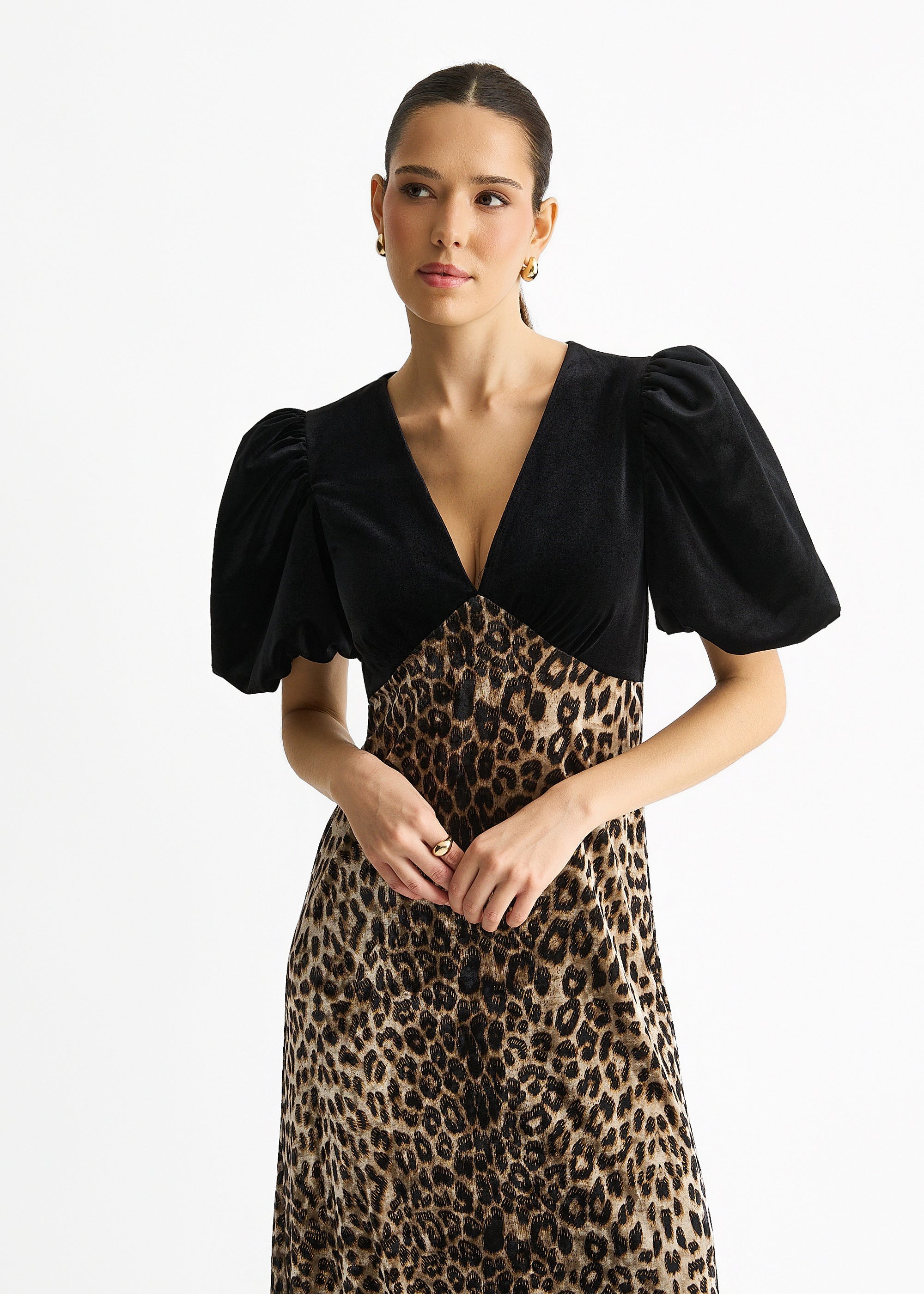 Gini London Black Animal Velvet Contrast Top Occasion Midi Dress