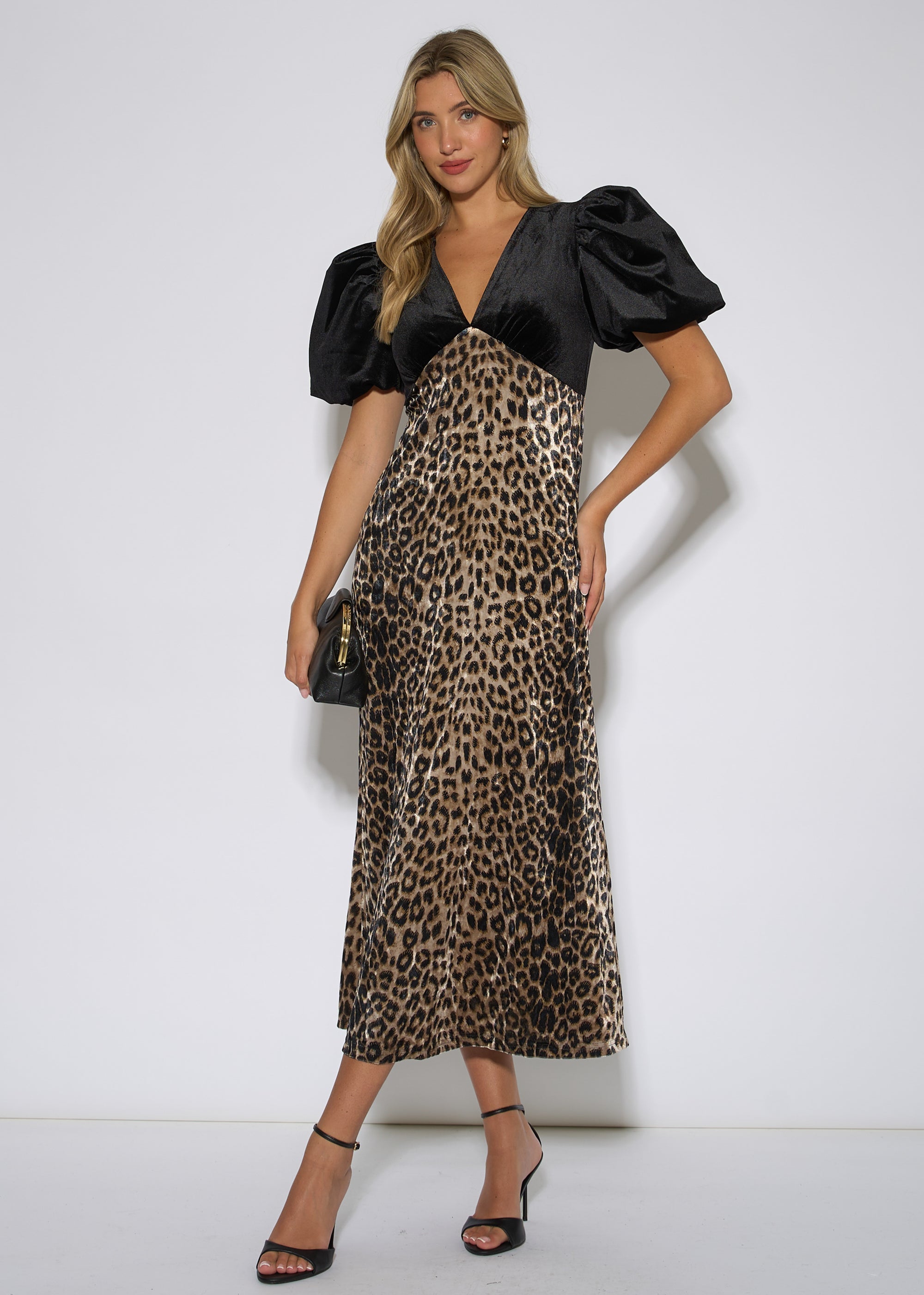 Gini London Black Animal Velvet Contrast Top Occasion Midi Dress