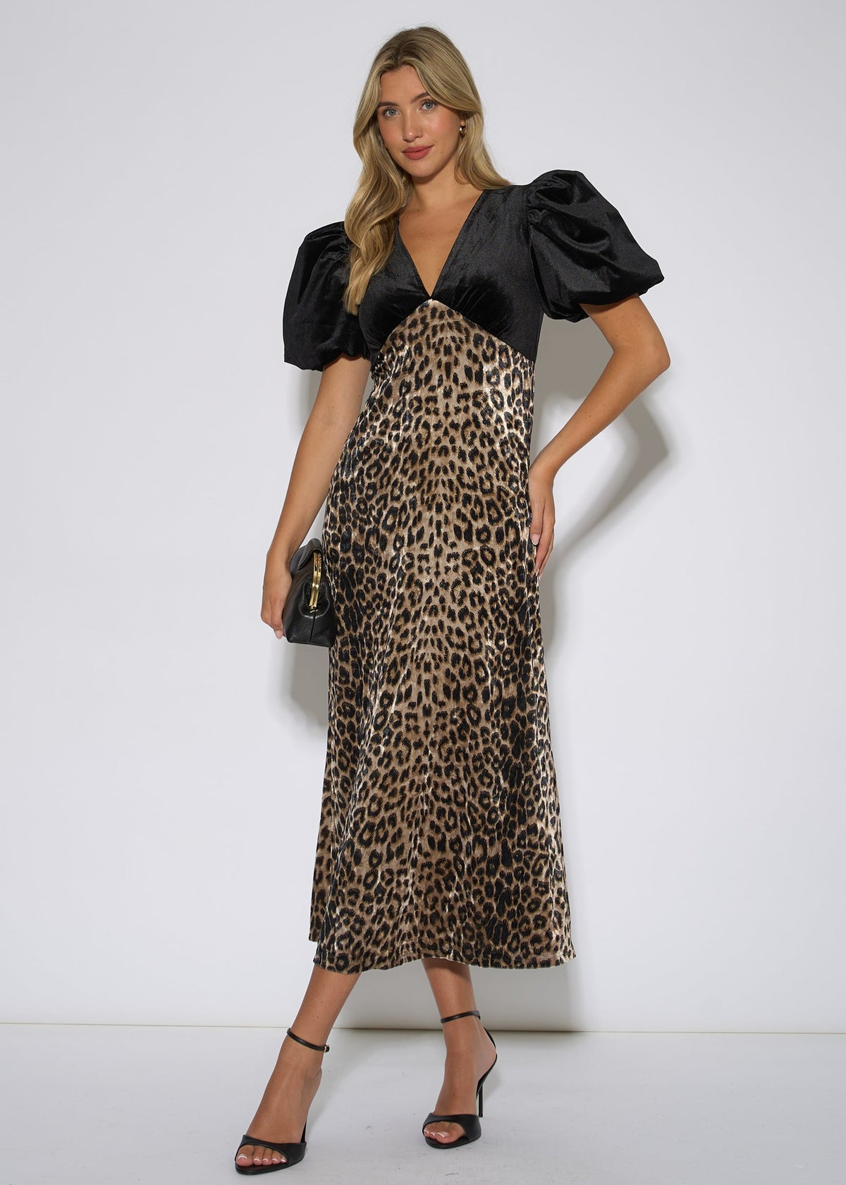 Gini London Black Animal Velvet Contrast Top Occasion Midi Dress