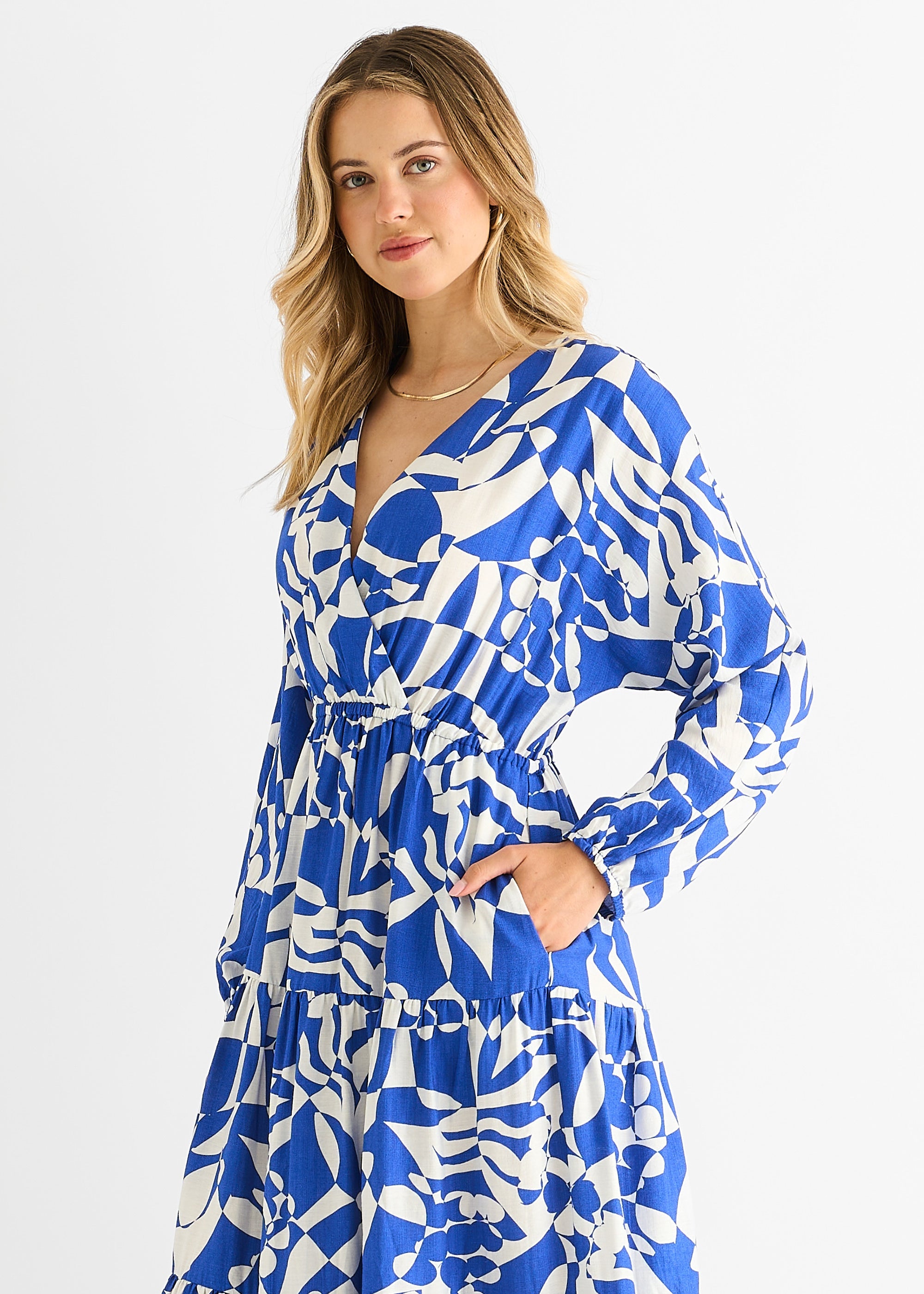 Gini London Blue Abstract Wrap Elasticated Waist Midaxi Dress