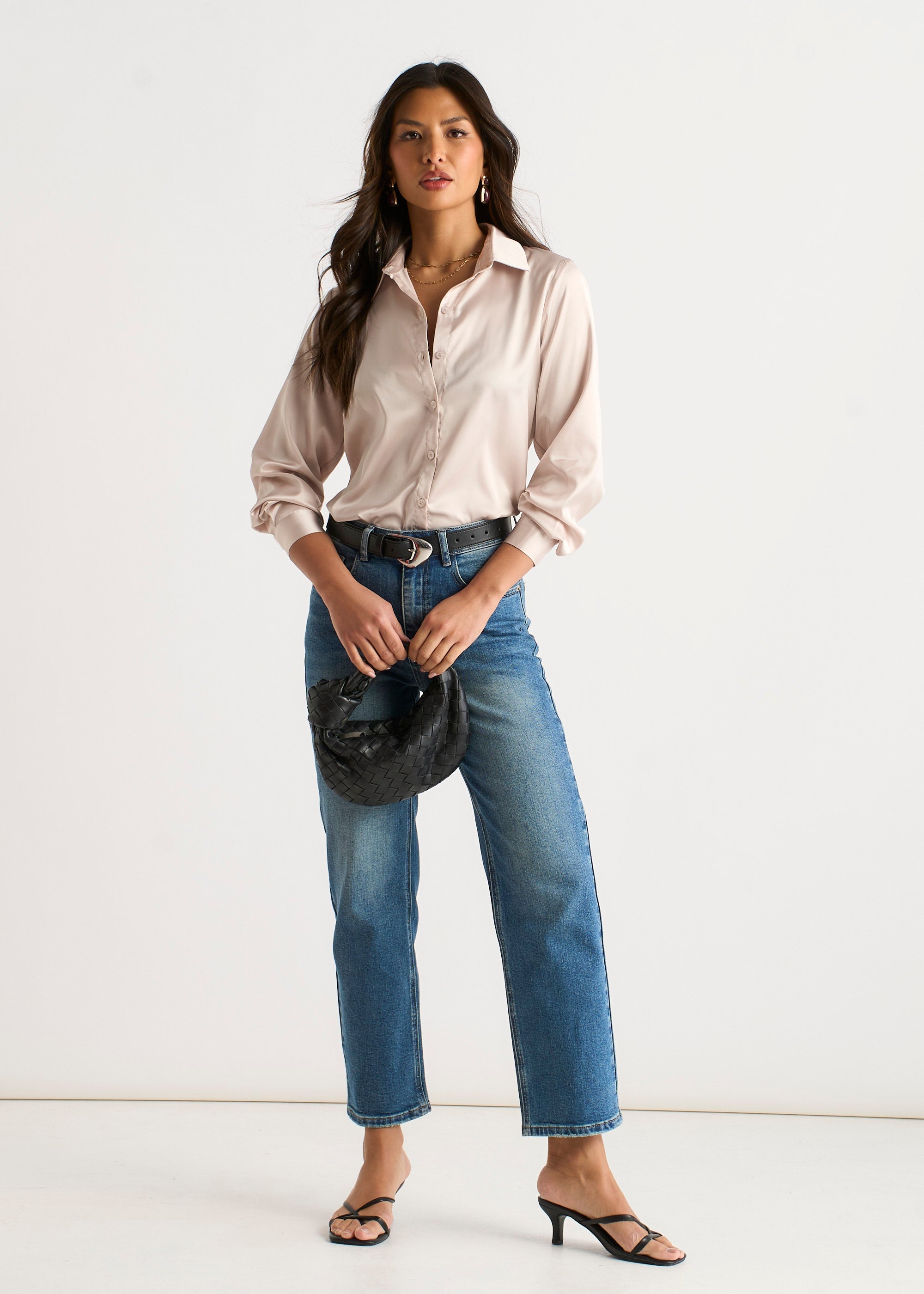 Gini London Oyster Satin Loose Fit Button Through Shirt