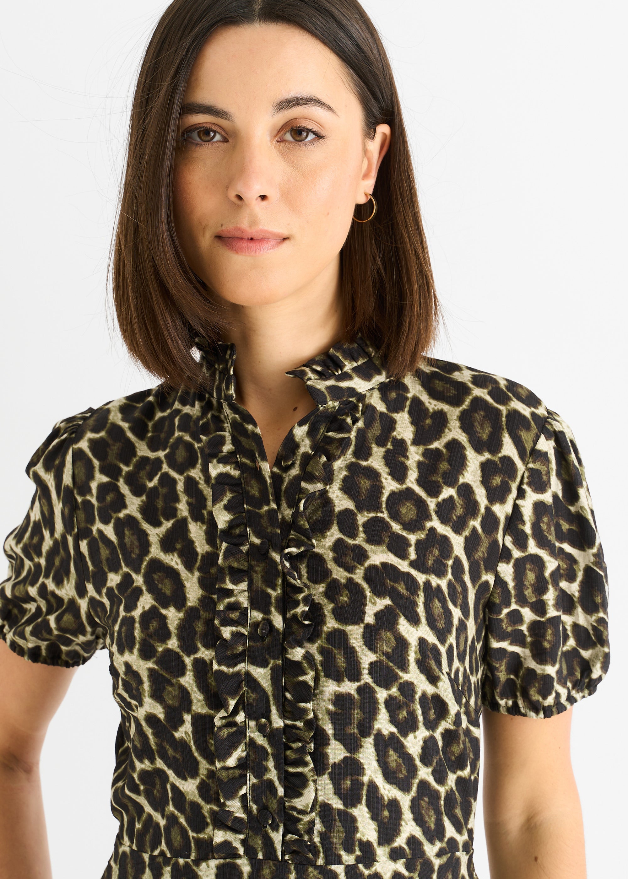 Gini London Green Animal Print Ruffle Neck Midi Dress