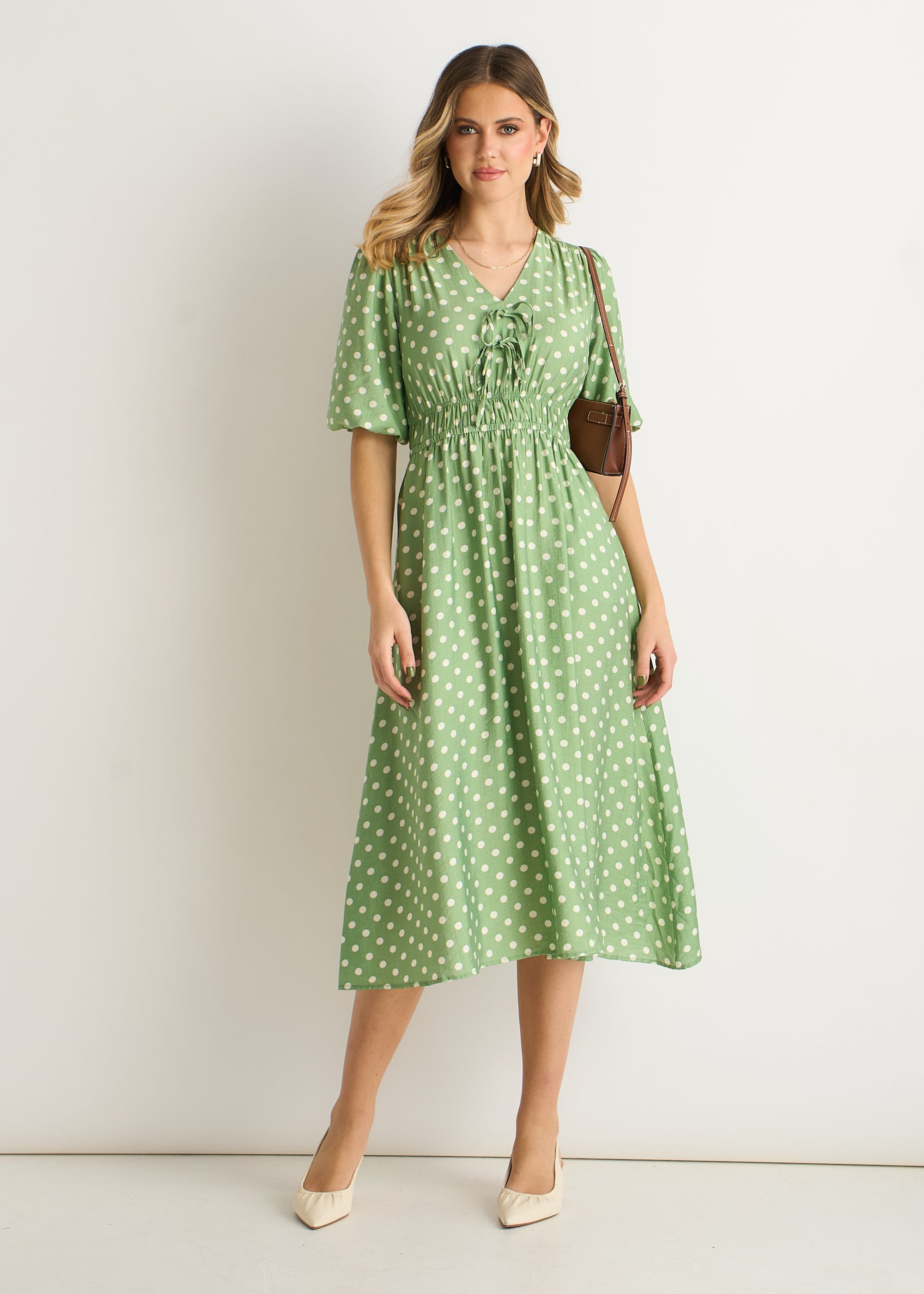 Gini London Sage Green Spot Print Shirred Waist Shift Midi Dress