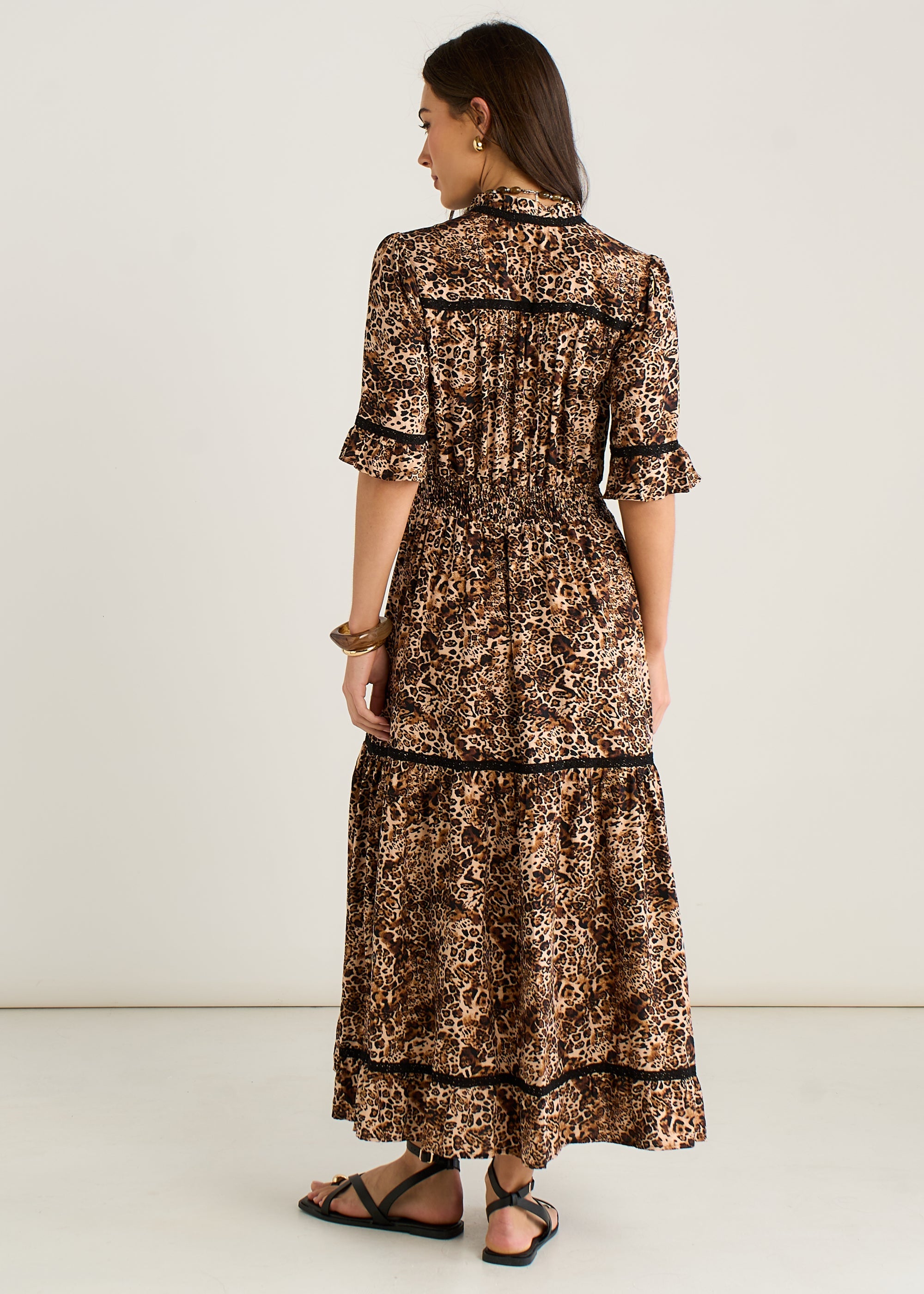 Gini London Brown Animal Print Lace Trim Tiered Midi Dress